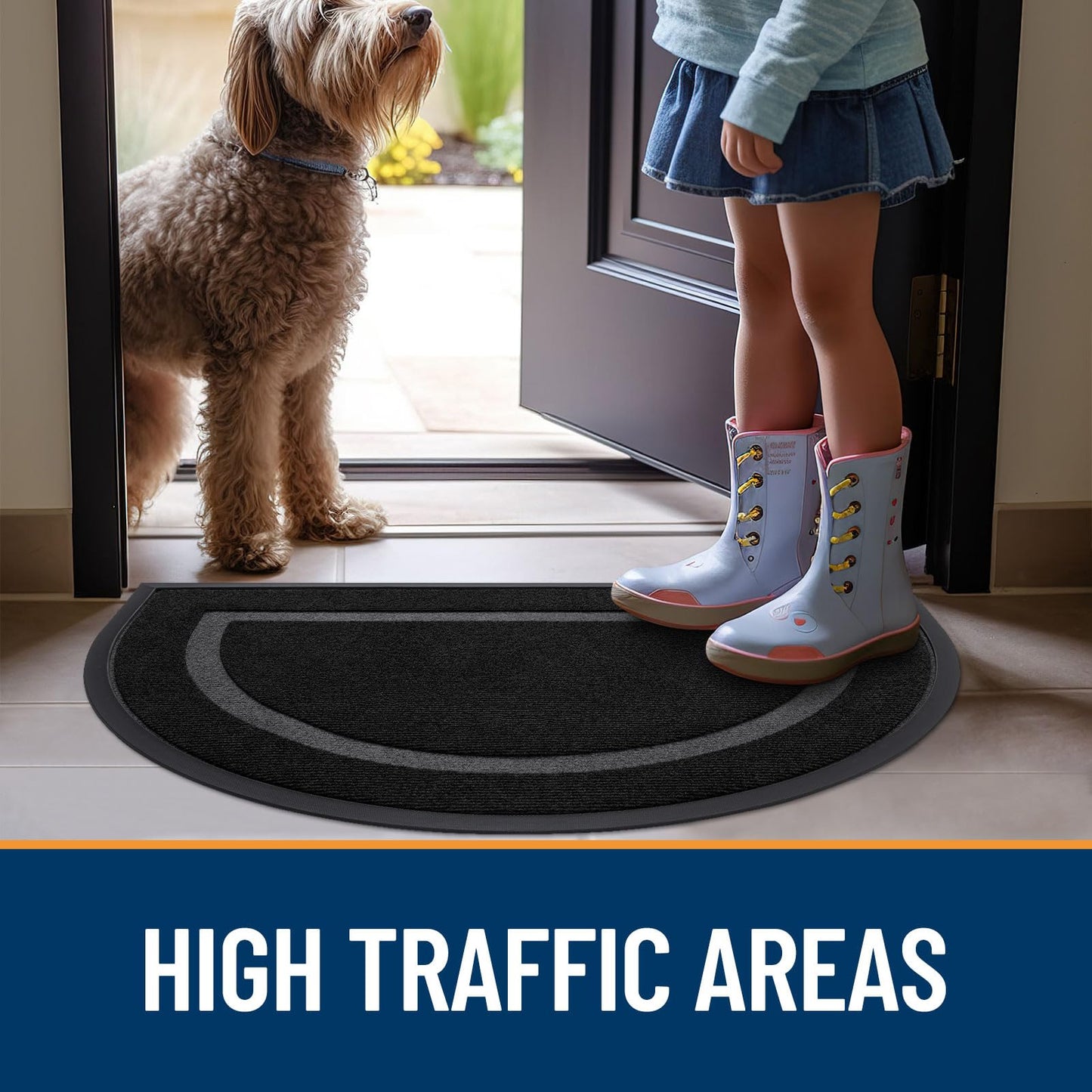 OLANLY Half Circle Door Mat Indoor Outdoor Entrance Welcome, Waterproof All-Season, All-Weather Doormat, Sturdy Natural Rubber, Low Profile, Easy Clean Patio Porch Entryway Mat, 35x23, Black