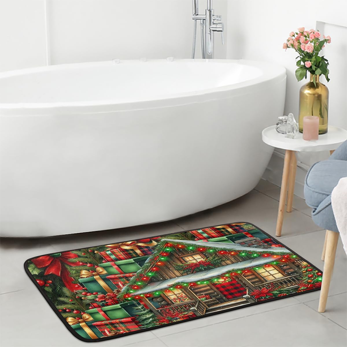 Kitchen Rug Christmas Red Green House Absorbe Floor Mat Non Slip Rubber Backing Kitchen Mat for Indoor Sink Bathroom Hallway Entryway Home Holiday Decorative Throw Carpet 39X20 in