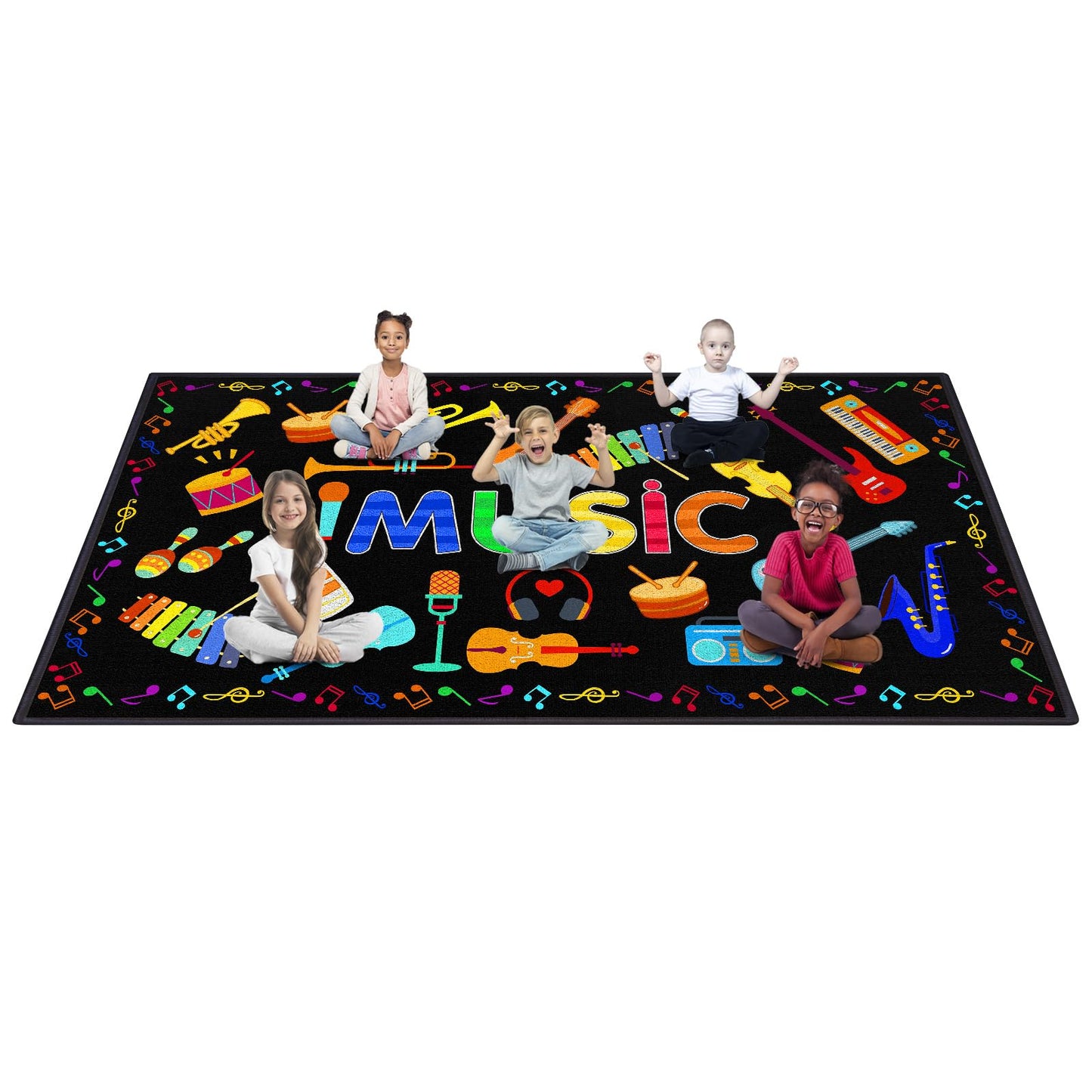 ABCarpet Music Classroom Rug, 7'6''x13'1'' Black Classroom Carpet with Non-Slip Backing, School Seating Rug for Circle Time, Preschool, Daycare, Playroom, Learning & Reading Area