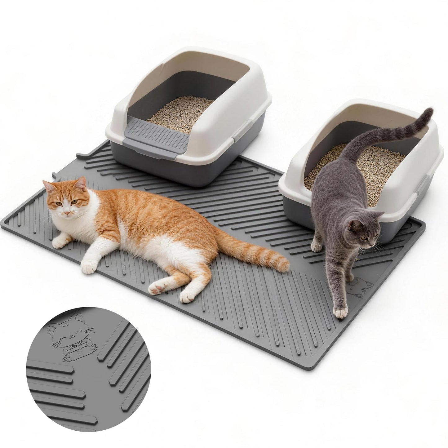 Barkitty Cat Litter Mat, Large 34" x 22" Litter Trapping Mat, Silicone Litter Mat for Litter Box, Waterproof Foldable & Easy Clean, Scatter Control, Soft on Paws, Gray