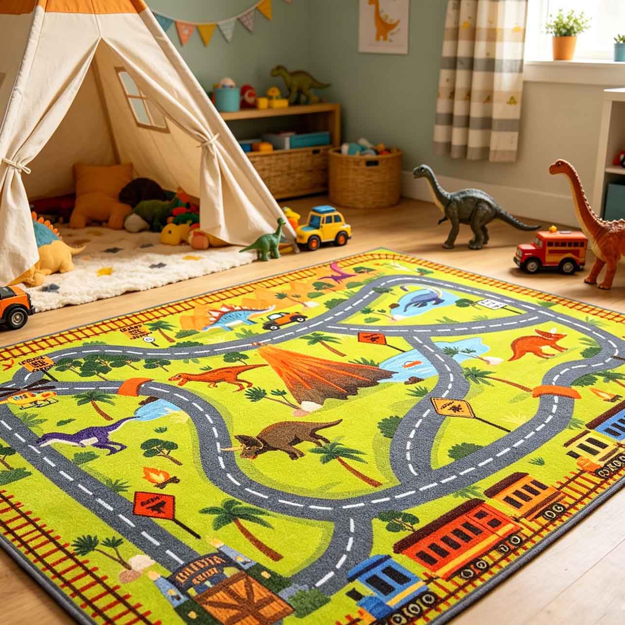LIVEBOX Kids Dinosaur Car Rug 3x5, Play Rugs with Roads for Toy Cars, Washable Non Slip Advanture Dino Carpet for Boys Bedroom, Playroom