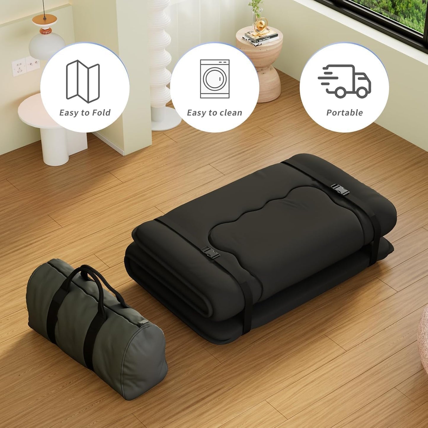 Kiseely Japanese Futon Mattress, Foldable Tatami Mat Portable Dormitory Sleeping Pad with Bag & Strap, Floor Thicken Sleeping Roll up Camping Mattress (Black WS1, 39"X80")