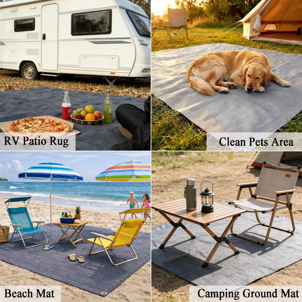 JUNKOGO RV Outdoor Mat 10x20 FT, Reversible RV Patio Rug, Blue-Gray, 240GSM Breathable Camping Mat for Camper, Motorhome, Trailer, Picnic, Beach, Backyard