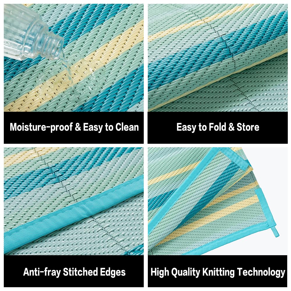 WondRg Outdoor Plastic Straw Rug Waterproof Patio 6x9 Teal Yellow Stripe Mat for Porch Camping RV Balcony Deck Courtyard Reversible Lightweight Durable Portable Carpet