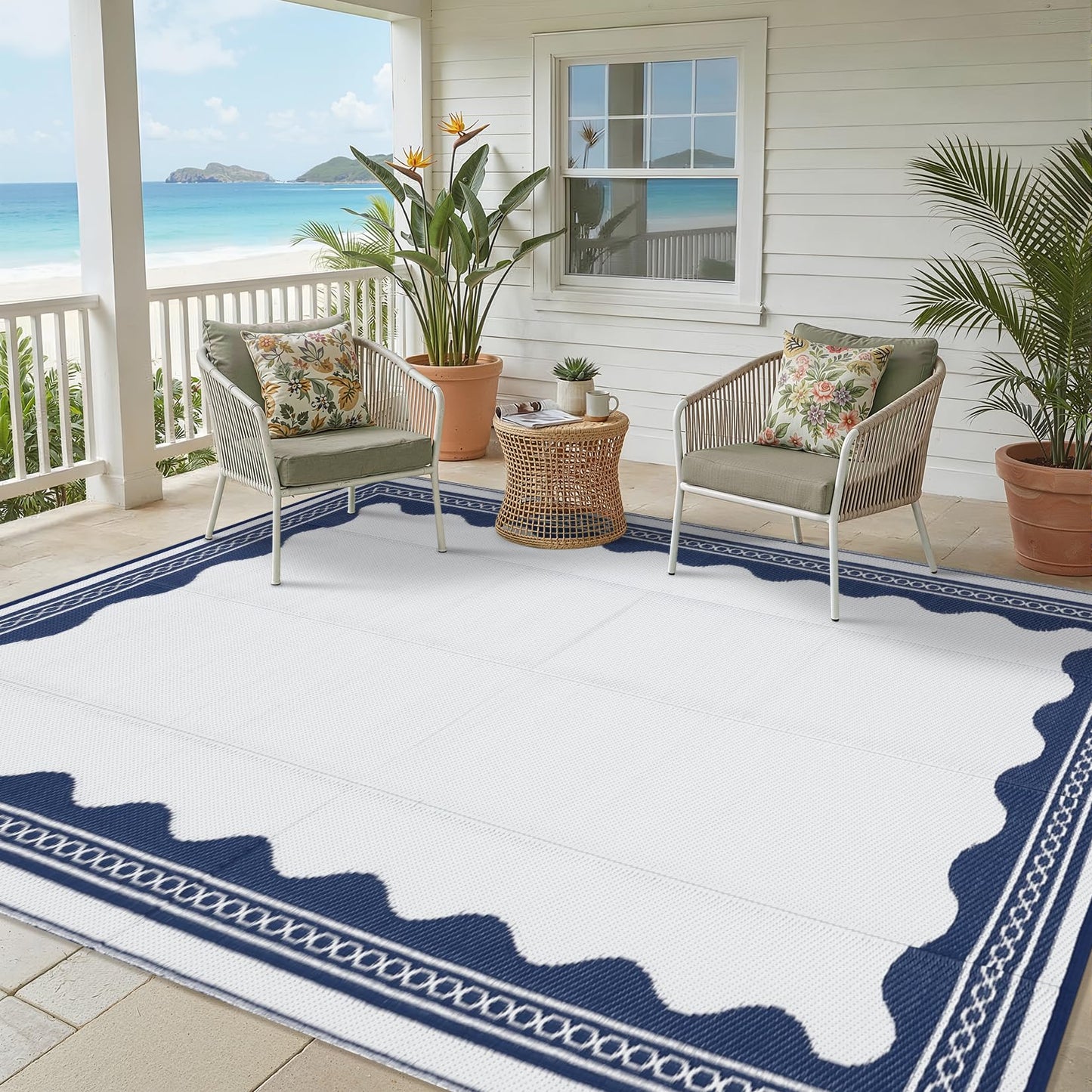 Garvee Outdoor Rug 5x8 Scalloped Waterproof Patio RV Outdoor Rugs Reversible Foldable Plastic Straw Rug Modern Camping Carpet for Deck Camper Porch Balcony Backyard Picnic Beach Dark Blue
