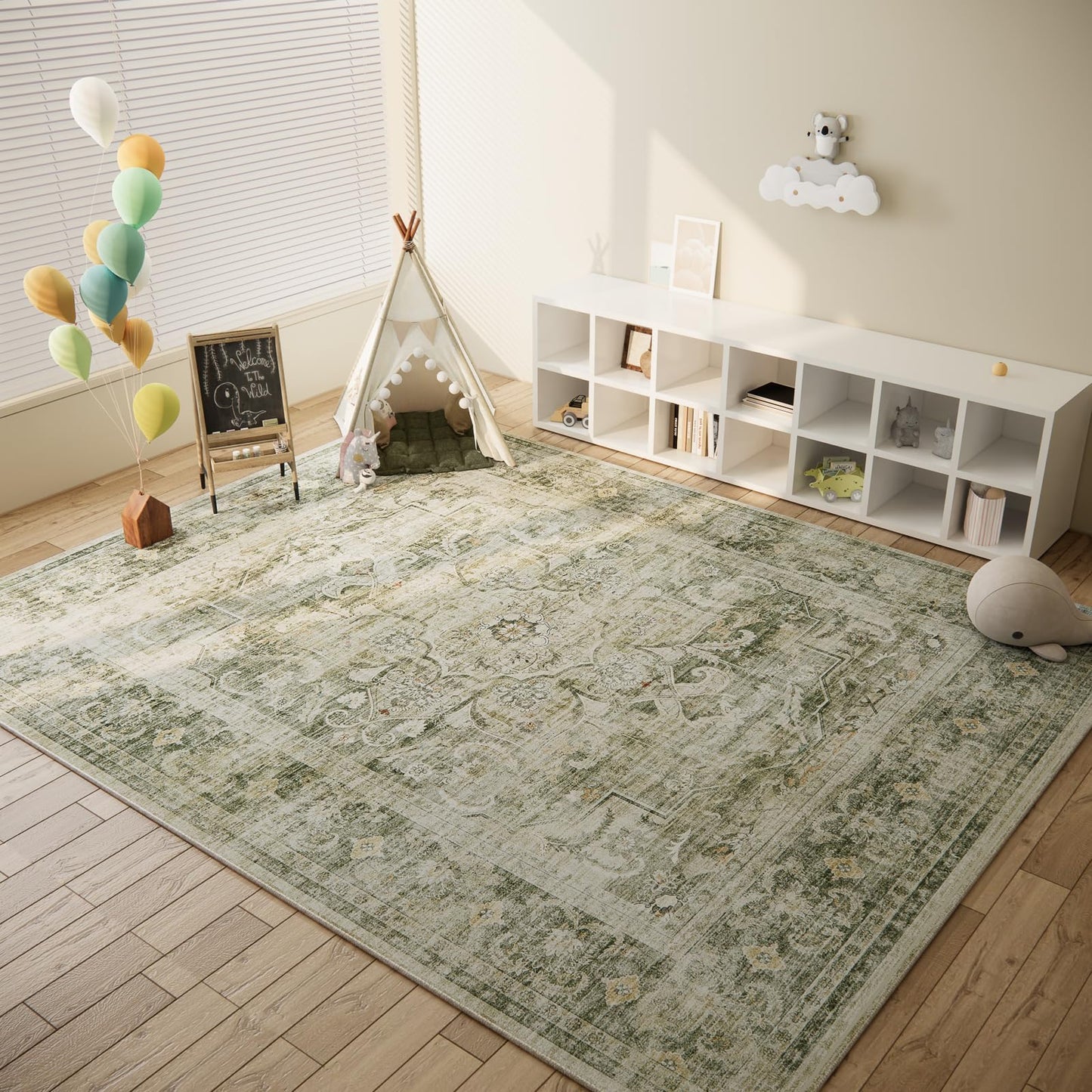 Area Rugs 9x12 Living Room: Washable Bedroom Rug Non Slip Low Pile Soft Faux Wool Non Shedding Distressed Vintage Boho Large Carpet for Dining Room Under Table Kitchen Nursery Entryway Office Indoor