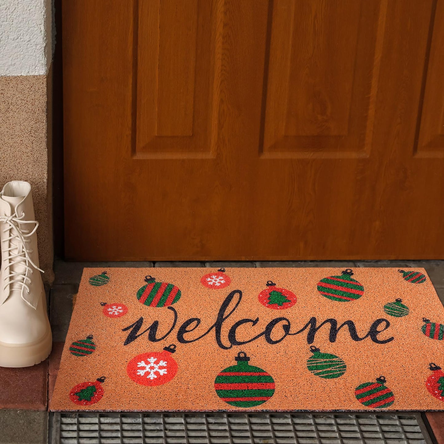 Drydiet Christmas Cat Welcome Door Mat 18 x 30 Inch Coir Doormat Merry Xmas Ball Farmhouse Floor Mats Door Rugs with Rubber Non Slip Backing for Home Front Floor(Christmas Ball Style)