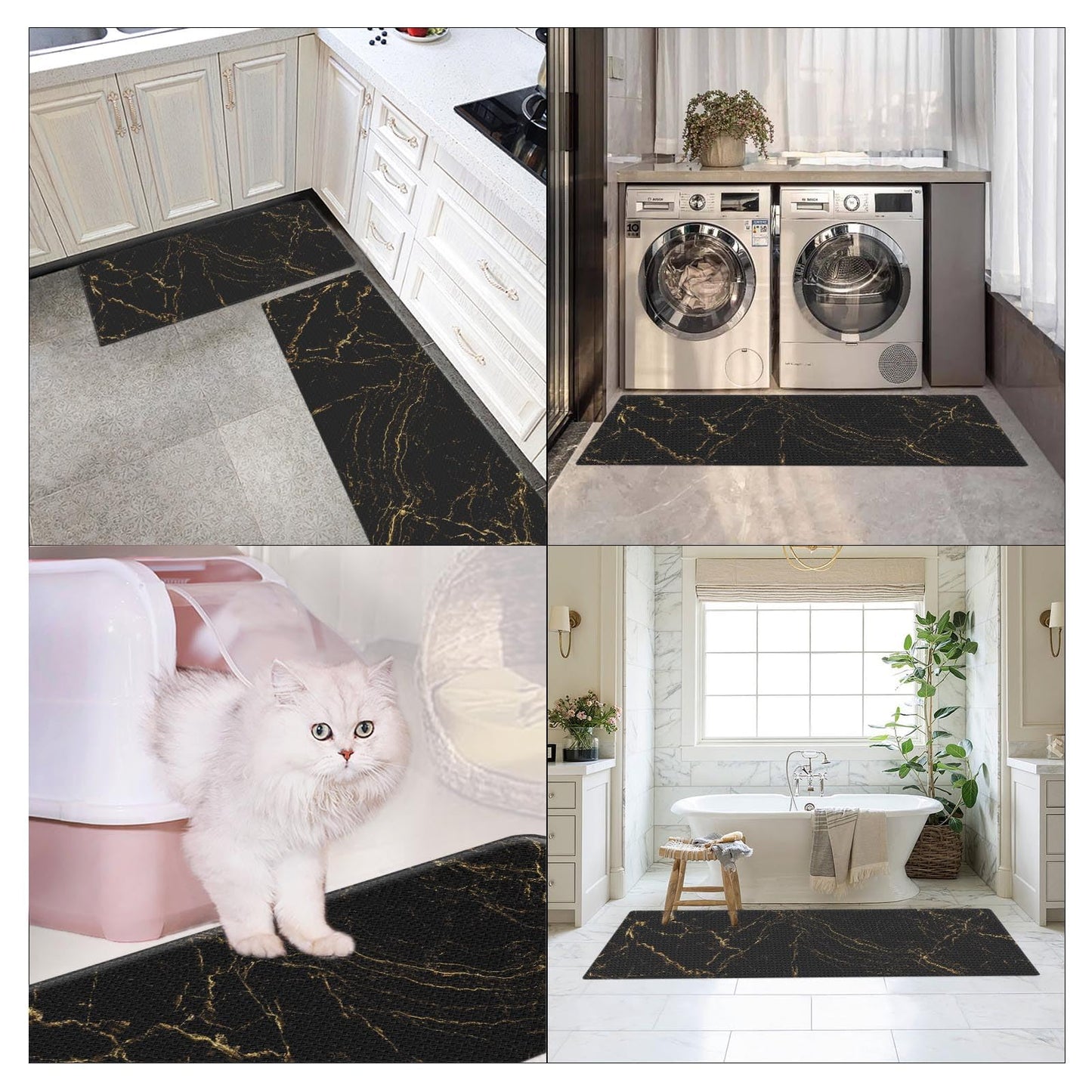Arttown Anti-Fatigue Kitchen Rug Set of 2 Marble Black Gold Abstract Cushioned Floor Mat, Standing Waterproof Non-Slip Mat and PVC Ergonomic Comfort Foam Rug for Kitchen