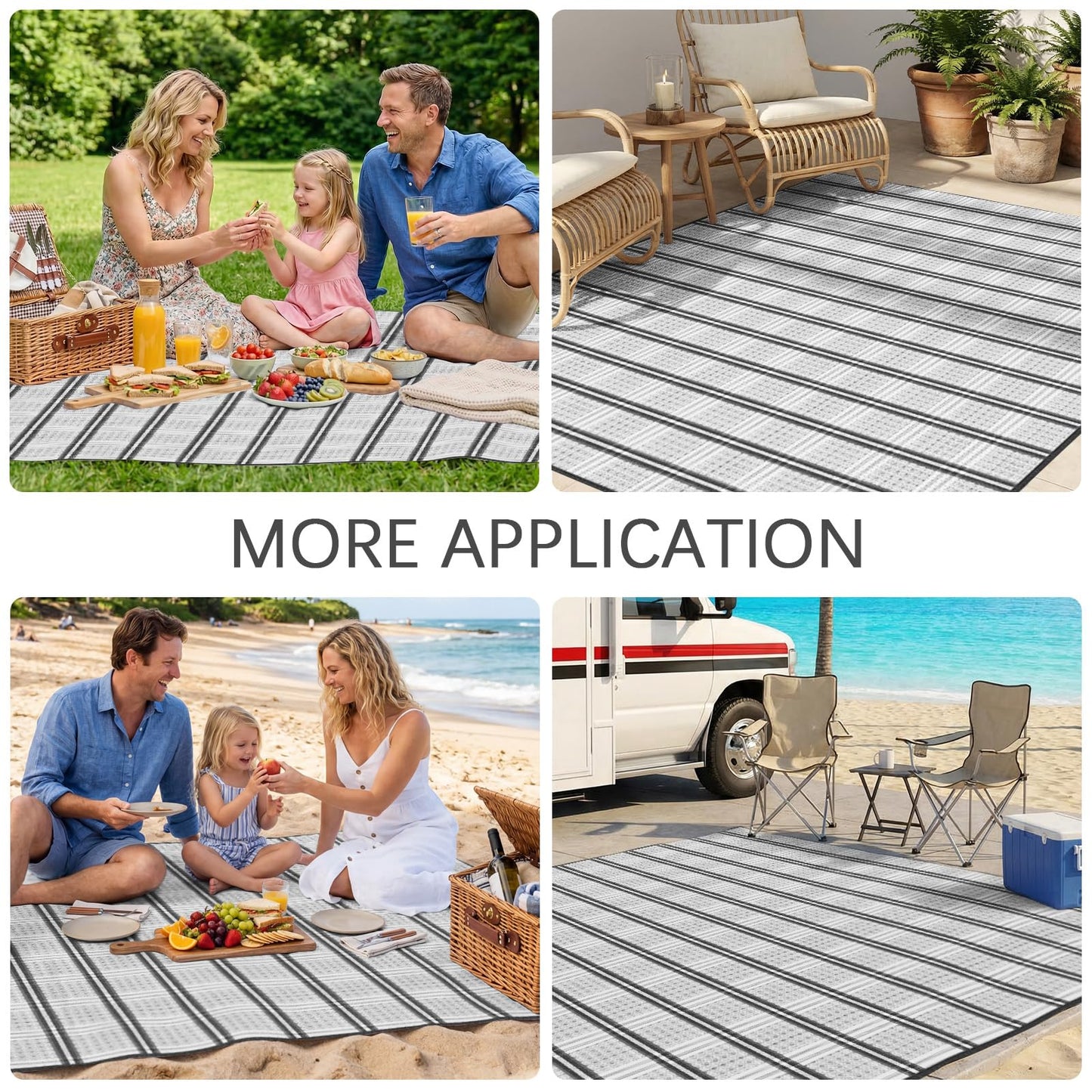 KANAGAWA Outdoor Rug Waterproof, 8x10 ft Reversible Plastic Straw Braid Rug Outdoor Carpet RV Mat for Patio, Porch, Picnic, Balcony, Deck, Backyard, Grey & White