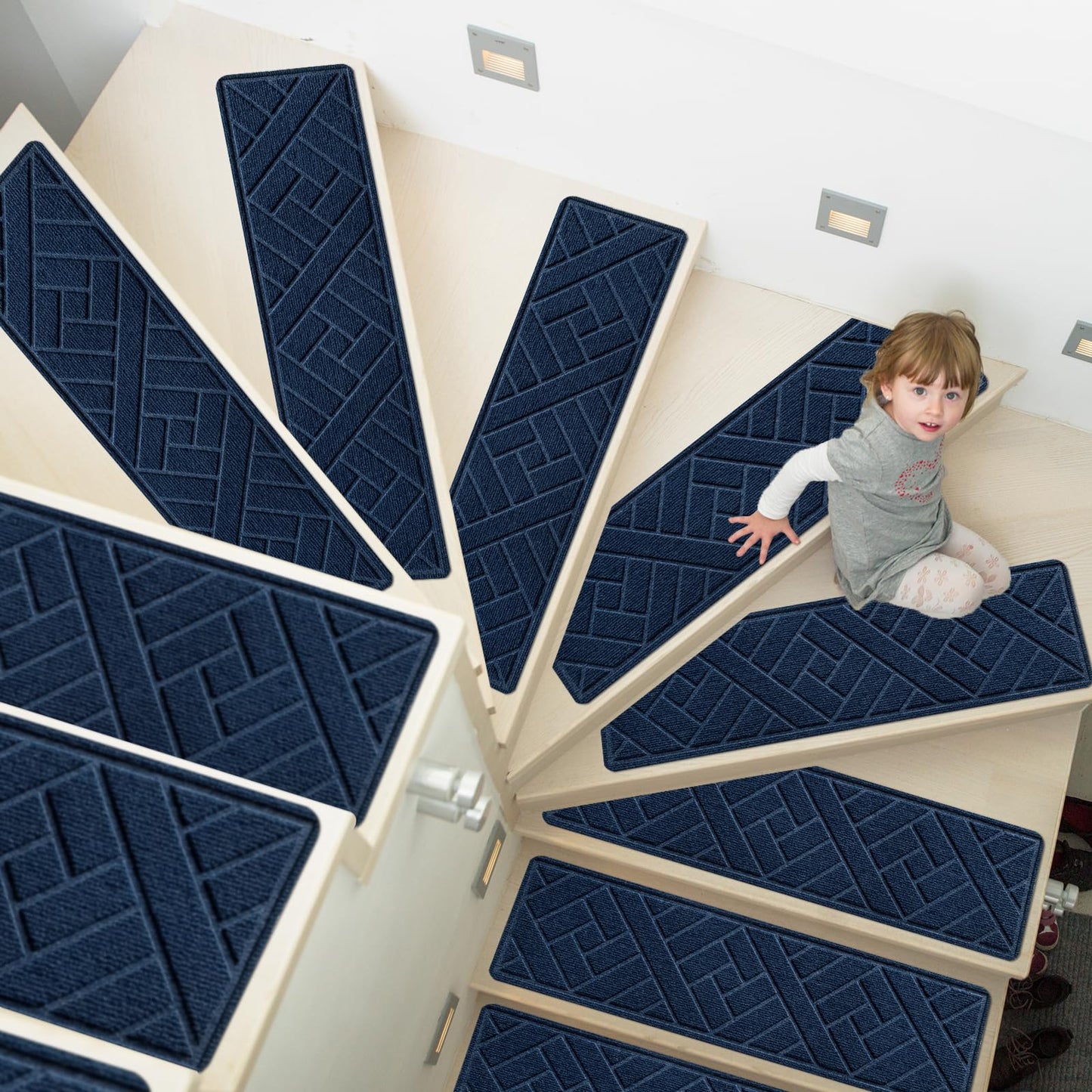 OXKVPVF Non-Slip Carpet Stair Treads for Indoor Wooden Steps, Made of Polyester and Reusable Adhesive, Suitable for Kids Elders and Pets of 15 Pack 8 "X 30" (Navy Lines)