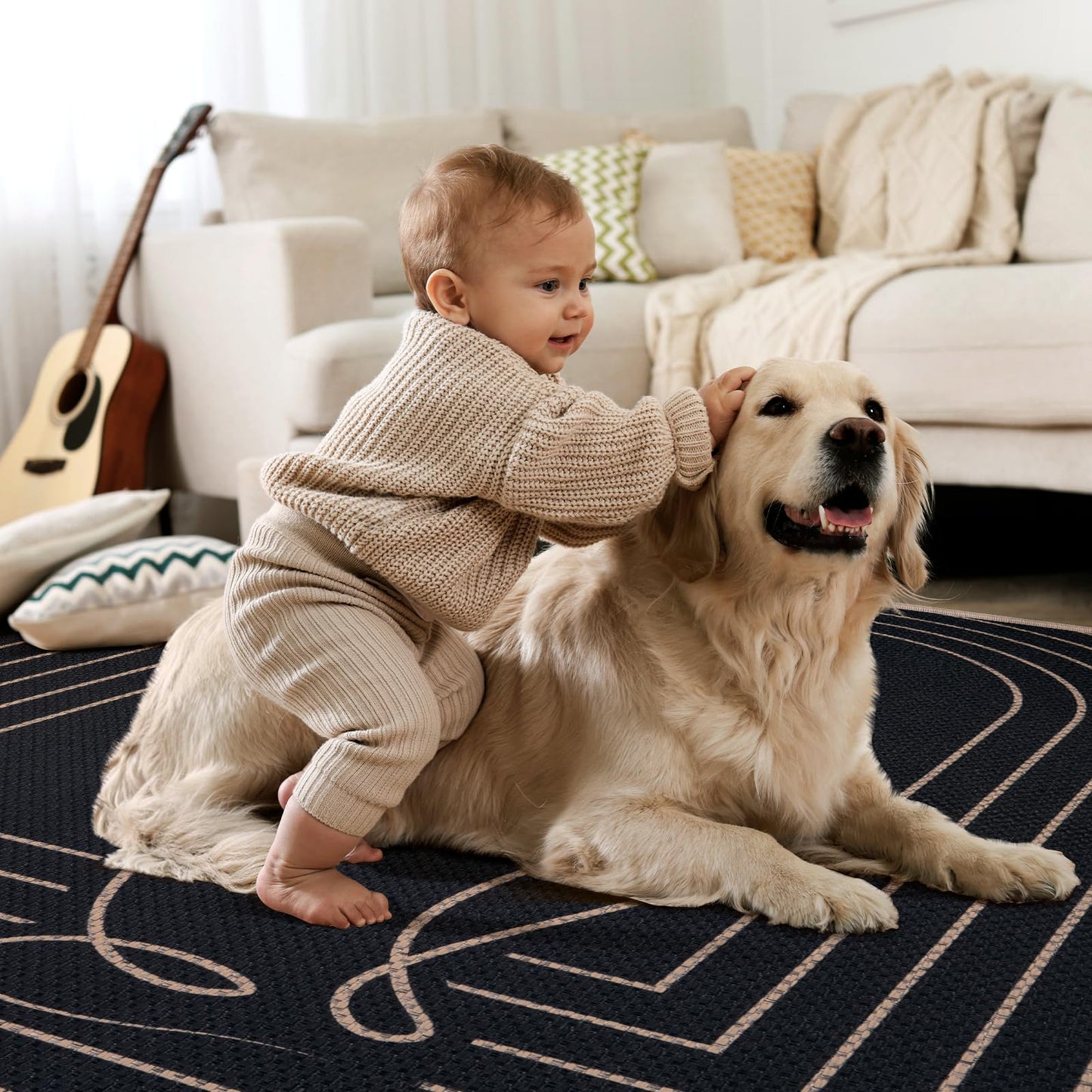 Tangsoo Modern Easy Jute 4x6 Washable Area Rug for Patio,Black Non-Slip Thin Outdoor Rug Farmhouse Indoor Floor Carpet,Cat Pattern Throw Mat for Front Porch Bedroom Balcony Sunroom