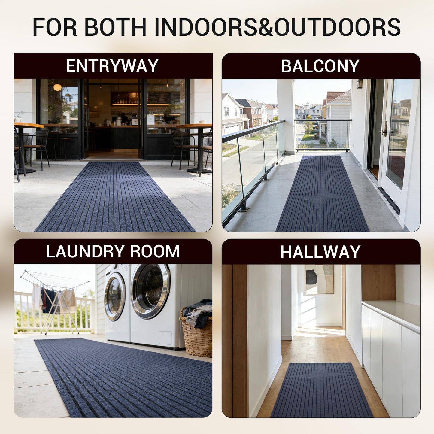 Stripe Runner Rug 2 x 6 ft Indoor Outdoor, Gray Non Slip Rubber Backing, Waterproof Low Profile Area Runner for Hallway, Entryway, Kitchen, Patio, Garage, Stairs & Laundry