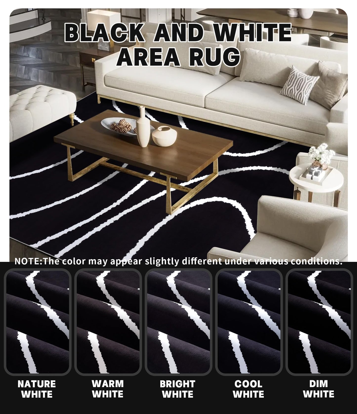 YIHOUSE Black Modern Area Rug 6x9,Abstract Rugs for Bedroom,Black and White Geometric Rug,Minimalist Wave Rug,Dark Washable Area Rugs 6x9 Non Slip Rugs for Living Room,Office