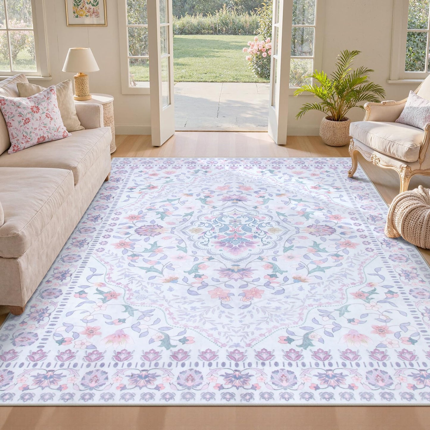 Wonnitar Floral Purple Rug for Bedroom, 8x10 Washable Rugs for Nursery Girls, Boho Low Pile Soft Non Slip Carpet for Dorm Living Room Playroom Home Decor, Pale Purple