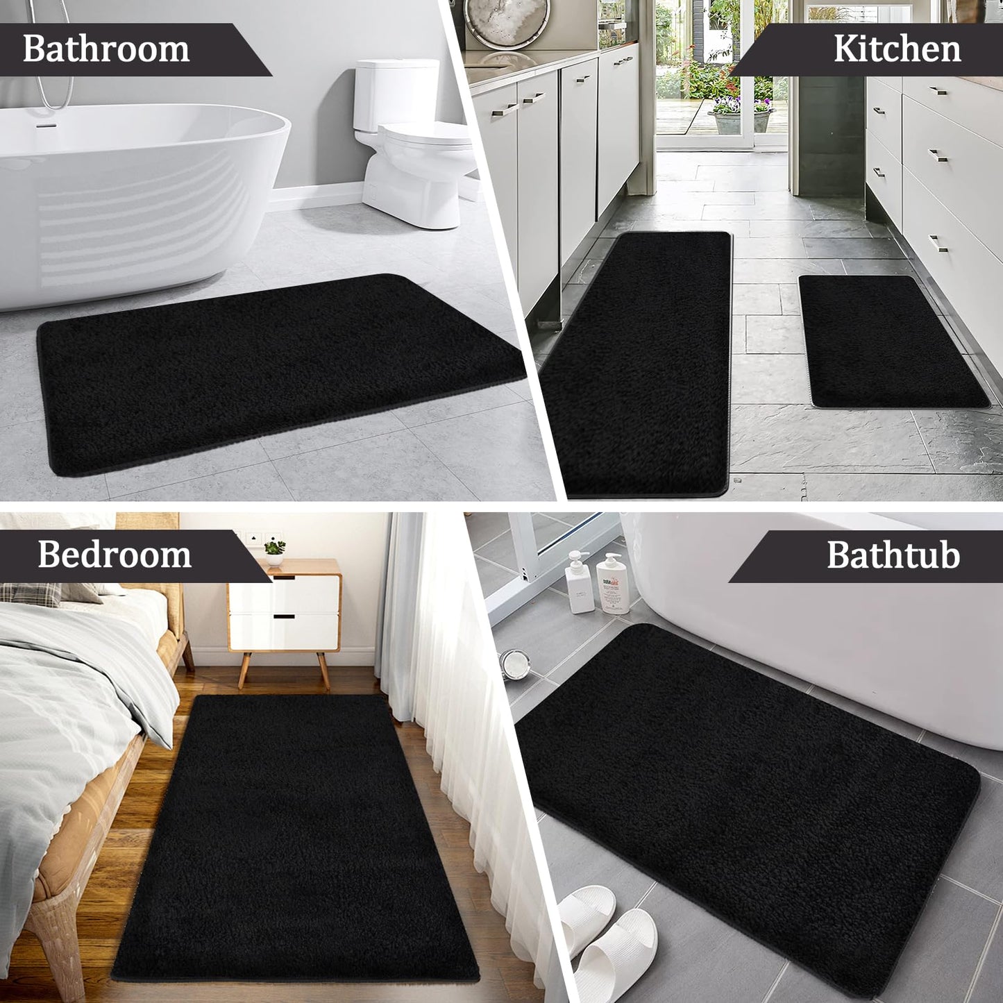 PROOVEELLY Black Bathroom Rugs 59.8"x29.9", Extra Soft Absorbent Thick Shaggy Bath Rugs, Non Slip Quick Dry Bath Mat, Machine Washable Bath Rugs for Bathroom, Microfiber Rugs for Shower Bathtubs