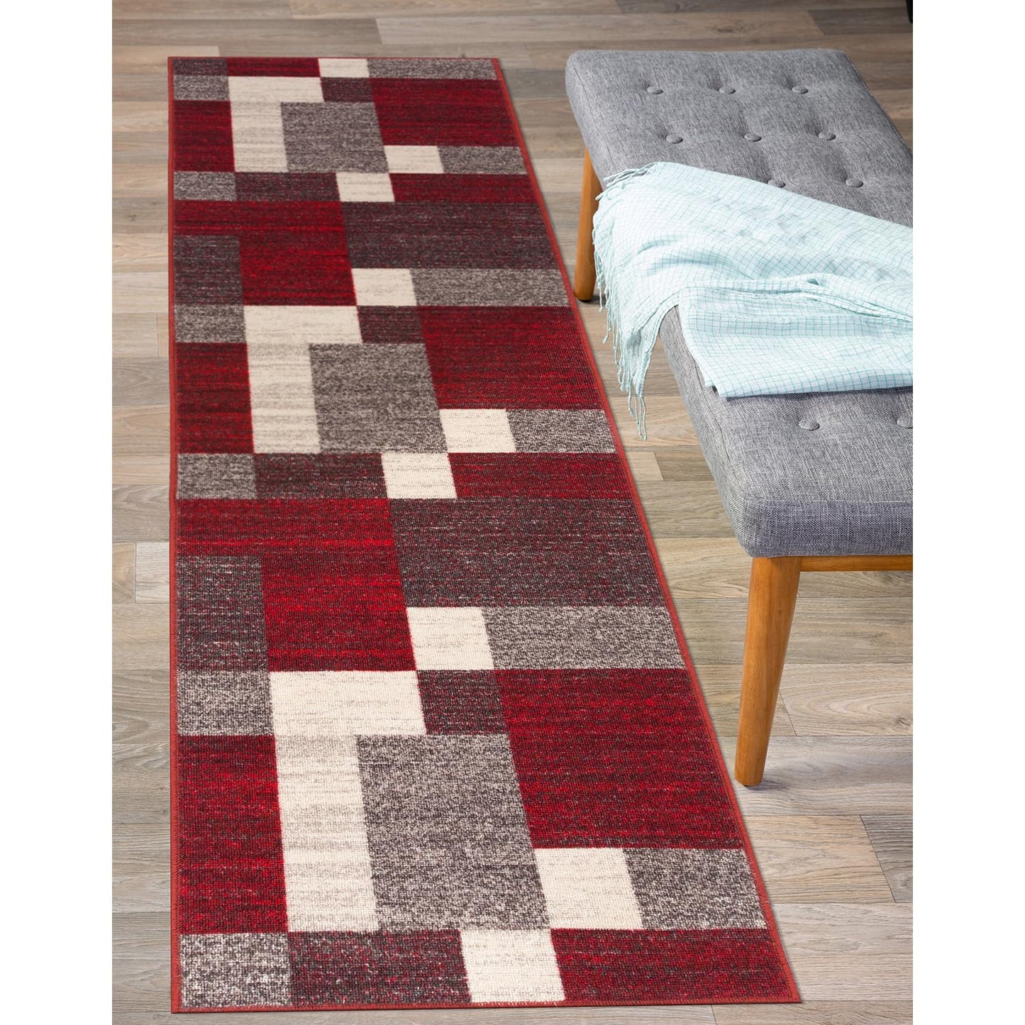 Rugshop Red Modern Geometric Boxes Non-Slip Area Rug Non-Shedding for Hallway, Entryway and Kitchen, 2' x 7'2" (22" X 84")