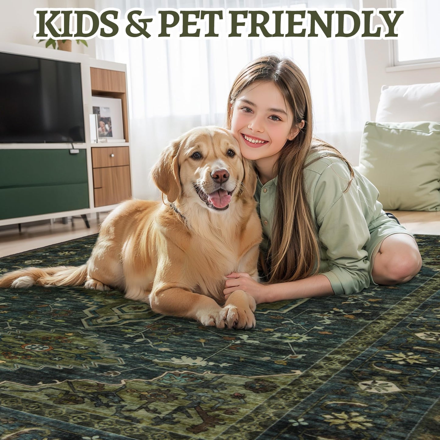Tangsoo 2x6 Green Washable Runner Rug for Hallways, Non Slip Vintage Runner Rug, Soft Low Pile Long Rug Runner, Print Carpet Runners for Kitchen Bedroom Entryway Bathroom Living Room Olive Green