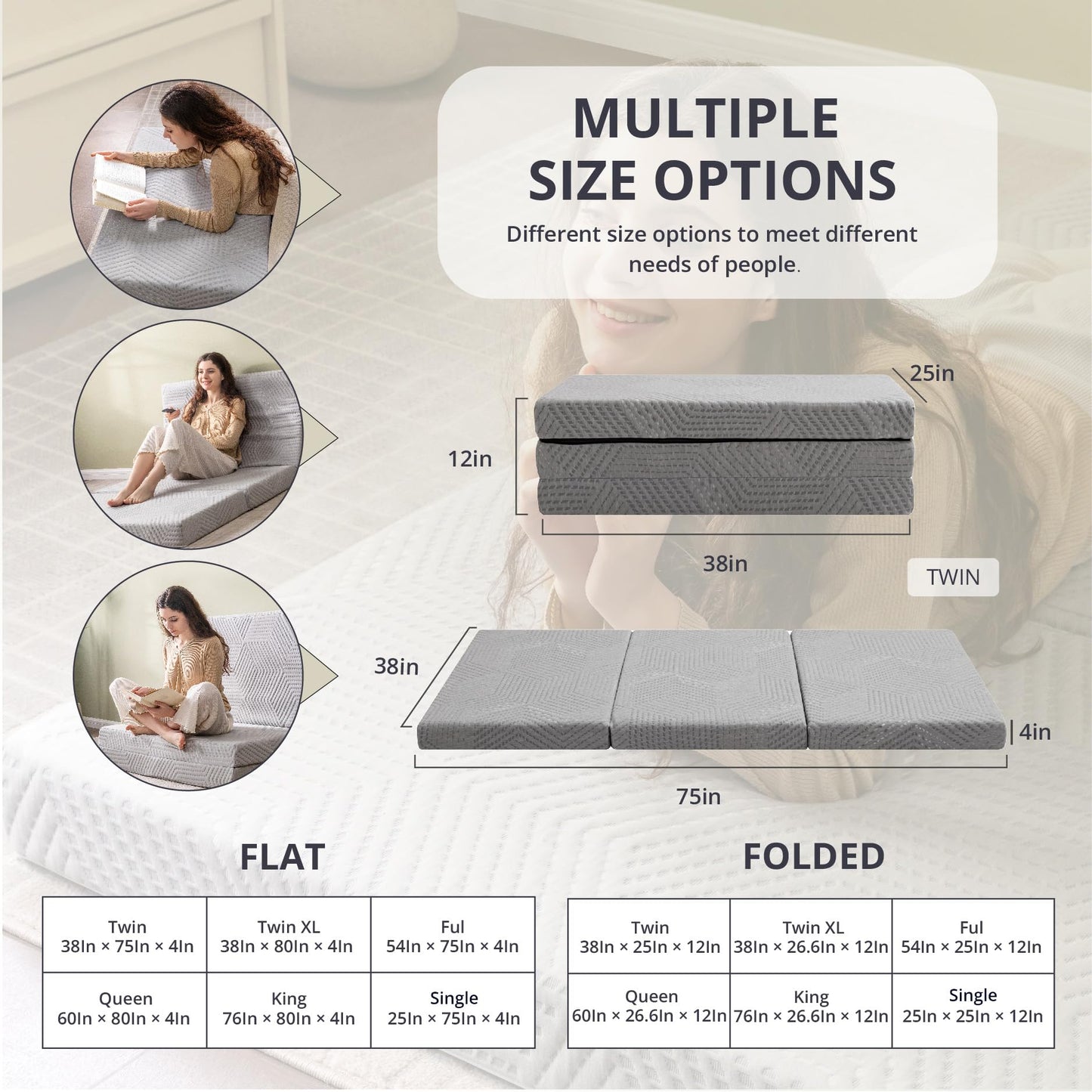 CH Charme House Folding Mattress Topper, 4 Inch Single Tri Folding Memory Foam Mattress Topper for Camping Guest Bed, Washable Cover & Non-Slip Bottom, 75" x 25" x 4", Grey