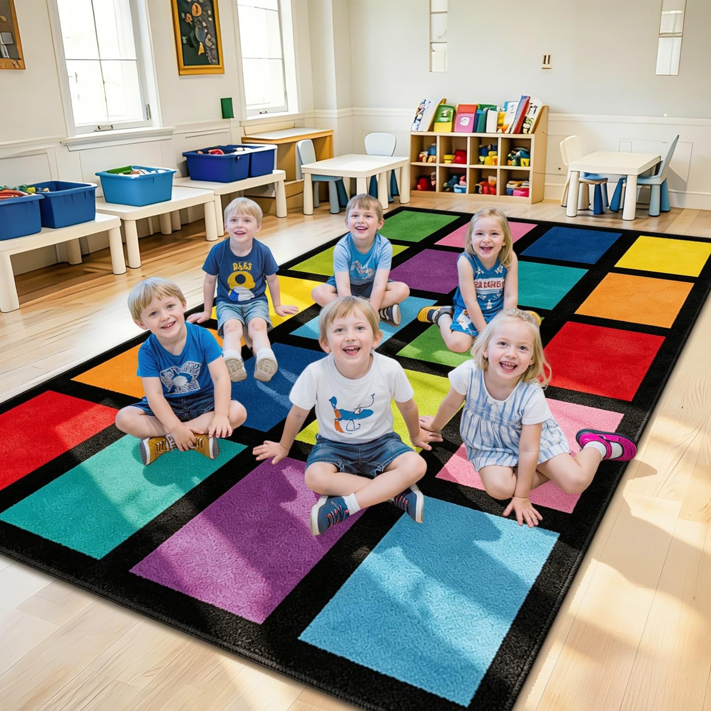 5x7.6 ft Rainbow Color Squares Classroom Rug Happy Squares Educational Area Mat Rainbow Themed Colorful Play Carpet Back to School Learning Mat for Elementary Preschool Nursery(Rainbow Color)