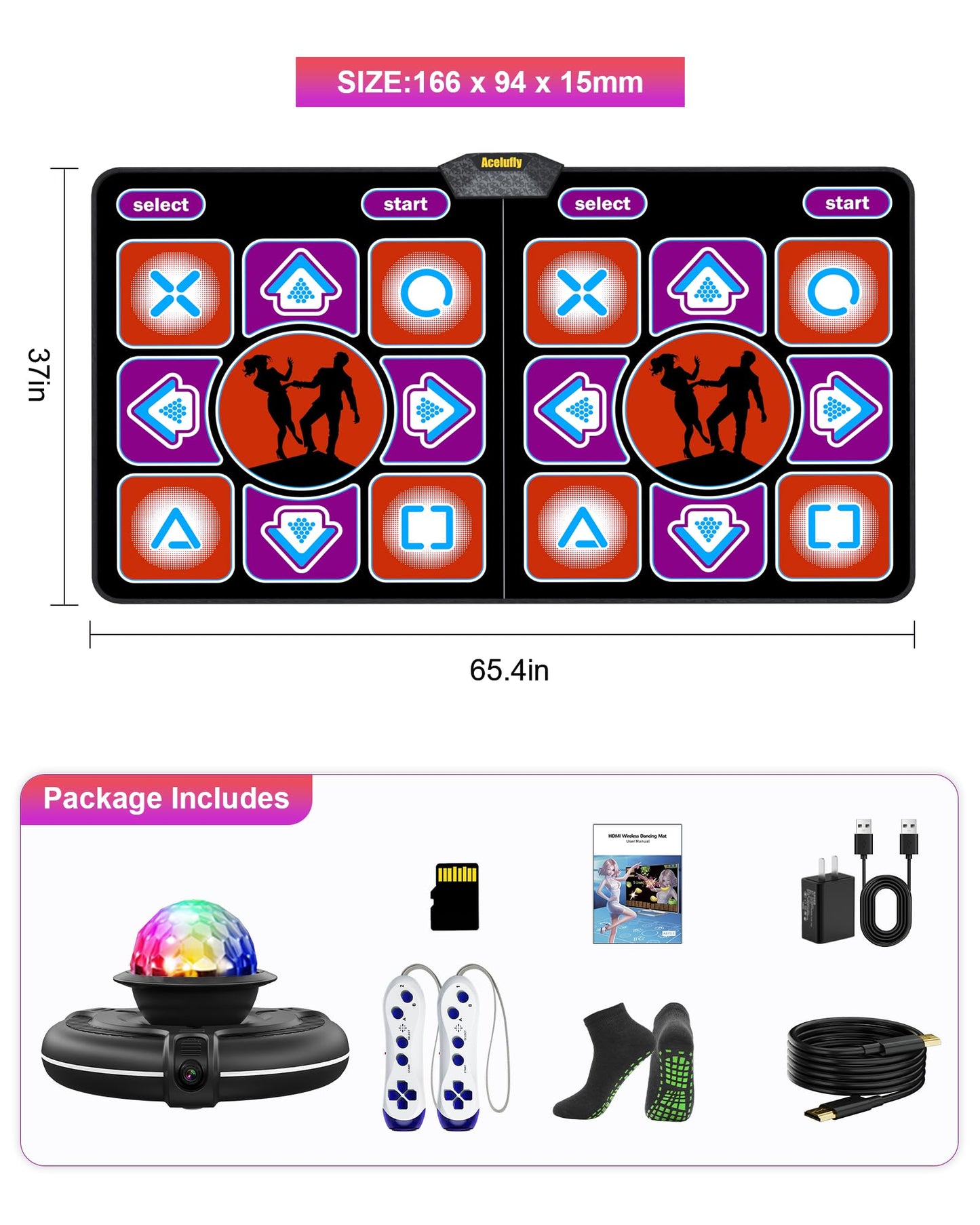 Acelufly Double Dance Mat, Flannel Dance Mat for TV with HD Camera, Dual User Play Mat with Wireless Controller, Non-Slip Dance Pad for Kids Adults Girls Boys