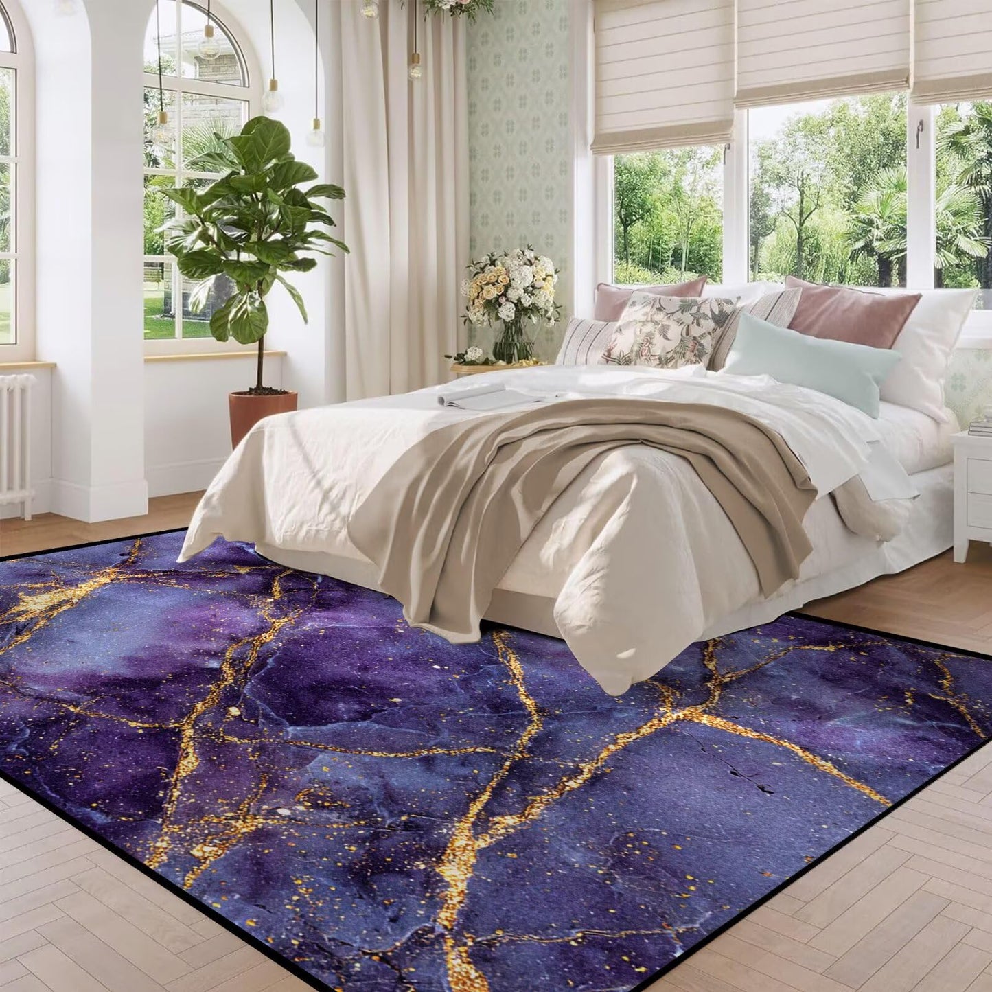 FUYEUN 6' x 9' Marble Area Rugs Morden Abstract Large Floor Throw Rug for Bedroom Dining Living Room Dorm Throw Carpet Doormat Home Decor Washable, 70" x 108", Purple and Gold