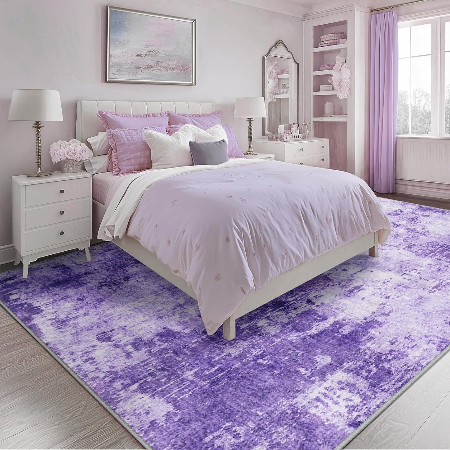 RELEANY Washable Area Rugs Square 8ft Non-Slip Modern Abstract Soft for Living Room Entryway Bedroom Kitchen, Print Pattern, Purple Gray Pink White