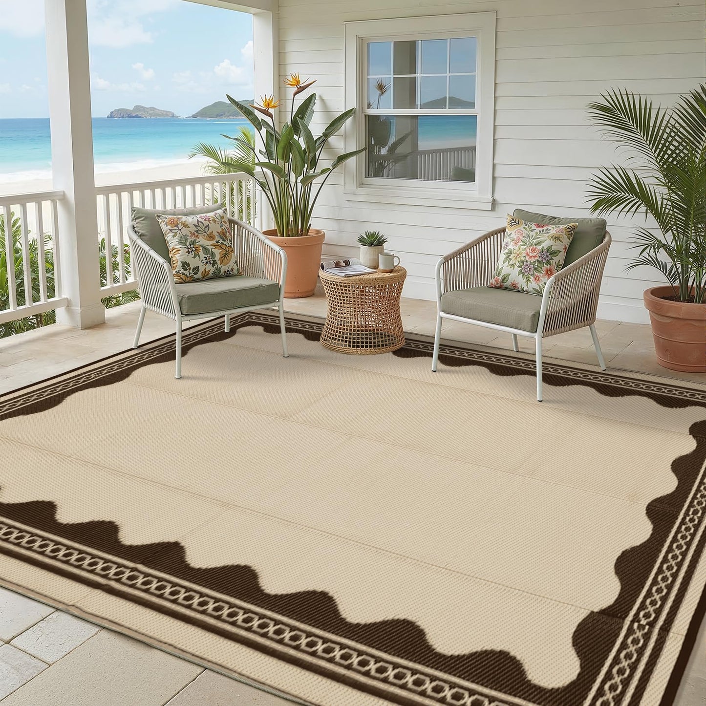 Garvee Outdoor Rug 5x8 Scalloped Waterproof Patio RV Outdoor Rugs Reversible Foldable Plastic Straw Rug Modern Camping Carpet for Deck Camper Porch Balcony Backyard Picnic Beach Brown