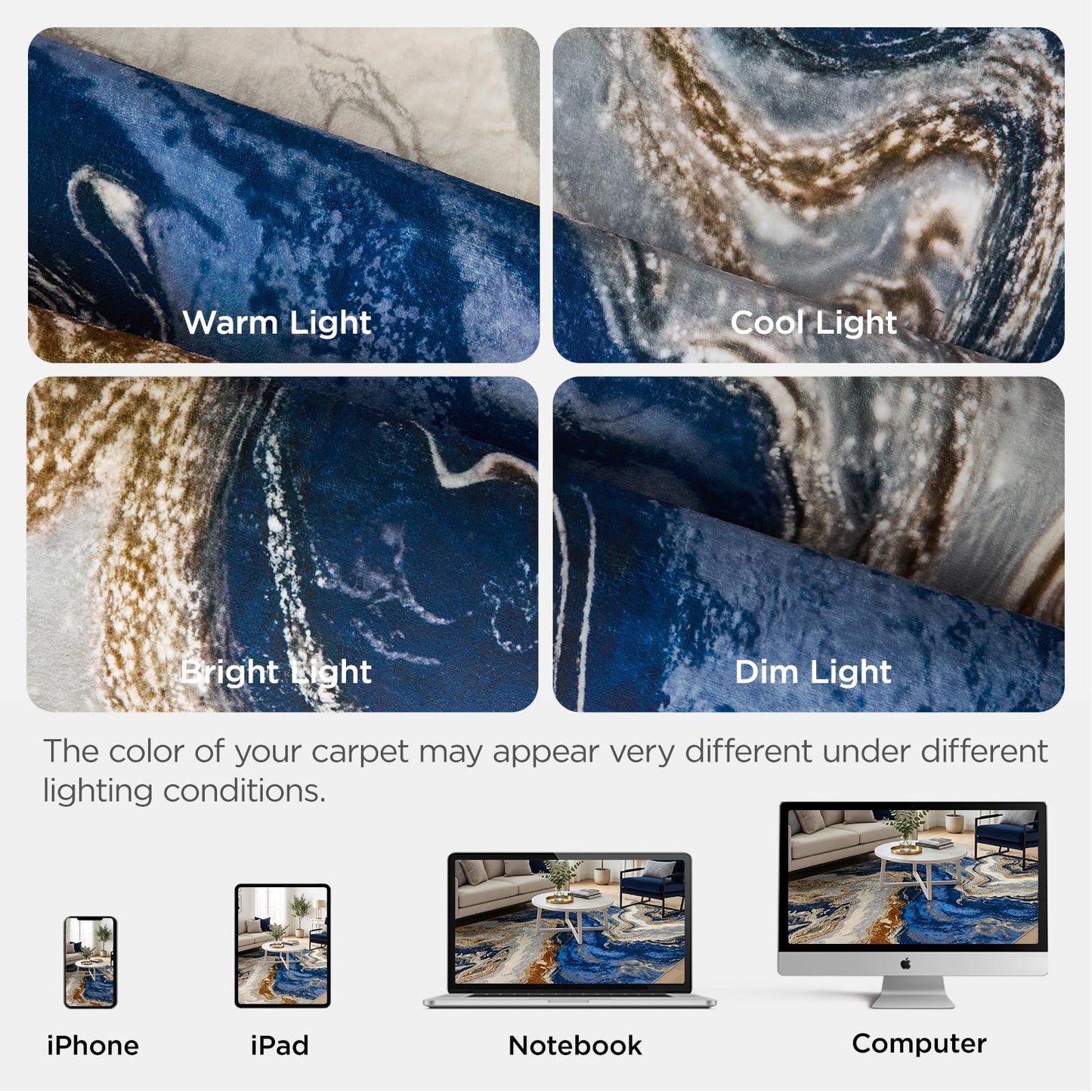 Joydeco Marble Swirl 2x6 Abstract Hallway Runner Rug, White&Blue&Gold