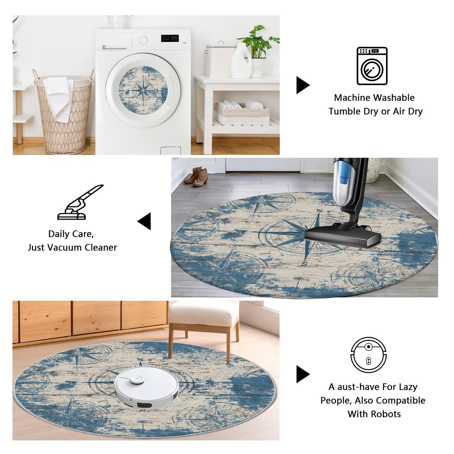 Naval Compass (Blue) Round Rug 4 ft Round Washable Area Rug Indoor Floor Cover Shabby Chic Wooden Planks Circle Mat Round Rugs Non Slip Low Pile Carpet for Entryway Living Room Bedroom