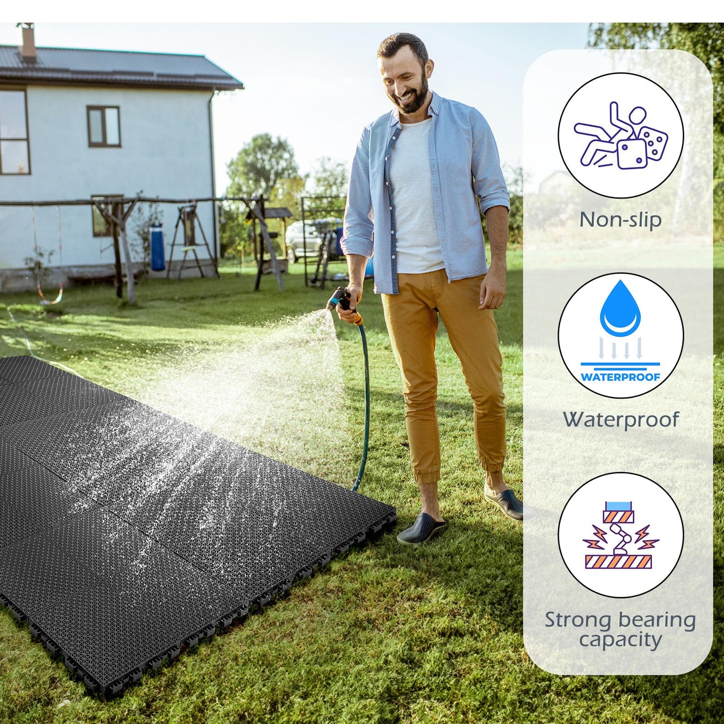 Huwena 100 Pack Rubber Floor Tiles Interlocking Tiles Drainage Mat 10" x 10" Rubber Deck Non Slip Modular Interlocking Cushion Pool Deck Mat for Garage Patio Greenhouse Outdoor Indoor Black