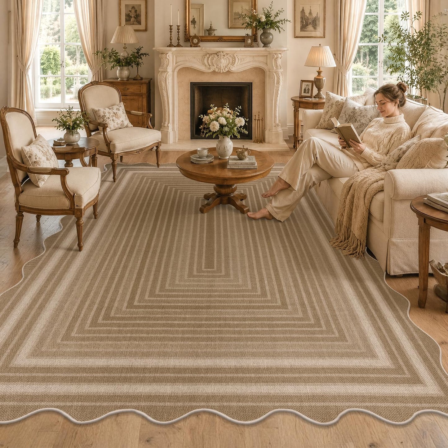 Yamaziot Washable Indoor Outdoor Rug 5x8, Scalloped Geometry Faux Tan Jute Outdoor Carpet Non Slip Modern Woven Textured Patio Rug for Backyard Balcony Deck, White
