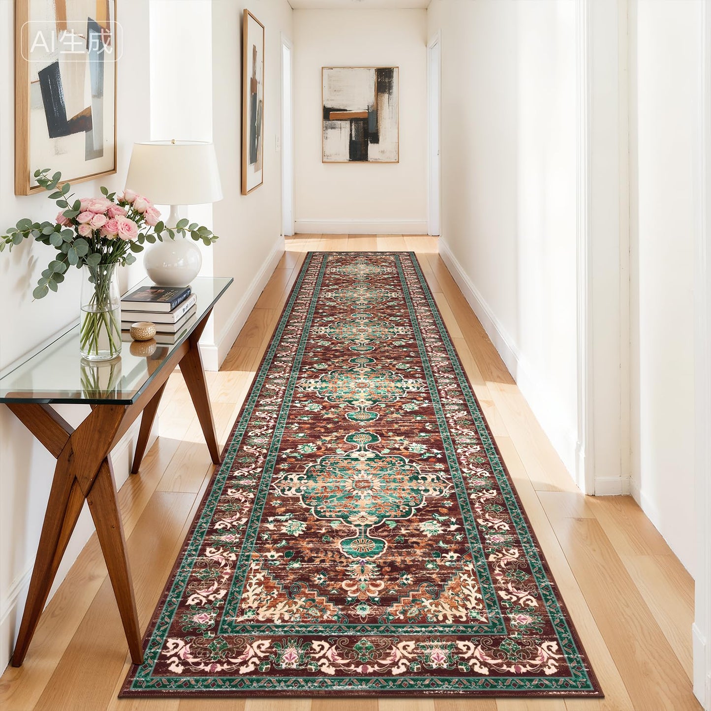 U'Artlines 3' x 14' Boho Hallway Runner Rug, Rust Non Slip Washable Vintage Farmhouse Accent Rug Carpet for Kitchen Entryway Laundry and Living Room (Rust&Teal)