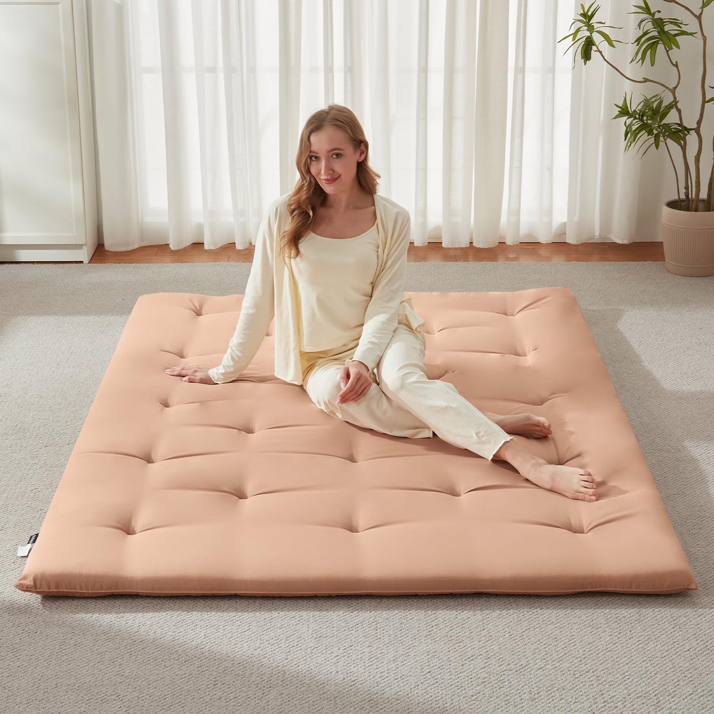 Mollydot Japanese Floor Futon Mattress Queen Size 60"x 80", Foldable Bed Mattress, Portable Tatami Mat Sleeping Pad, Folding Futon Cushion, Roll Up Floor Lounger for Guest Room Dormitory (Khaki)
