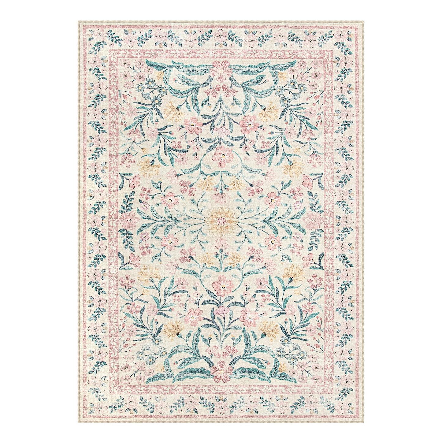 Lahome Sylvie Pink Bedroom Rug for Girls Room Decor, 5x7 Washable Cute Playroom Nursery Rug, Soft Floral Low Pile Carpet for Kids Living Dining Room Indoor, Pink/Multi