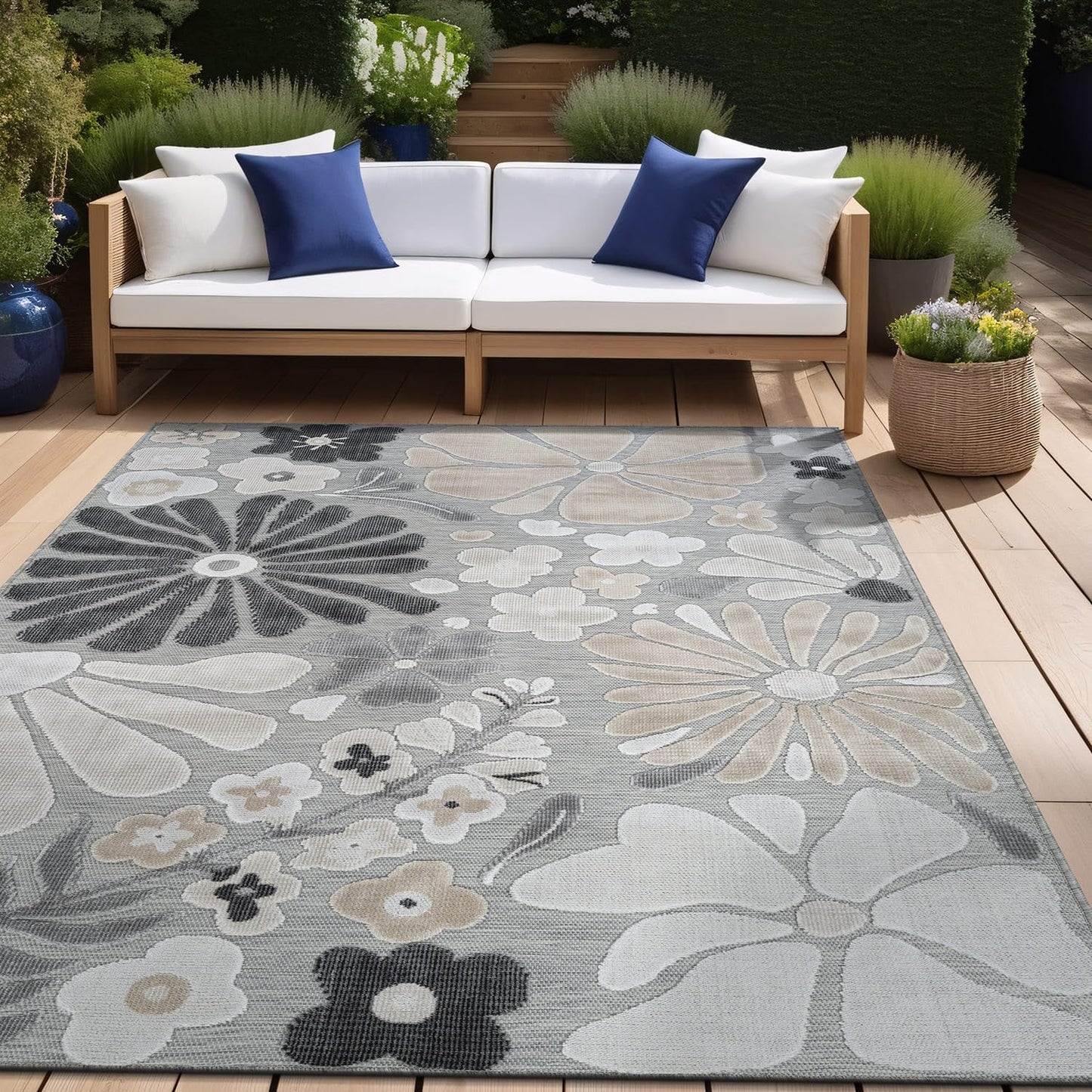 Beverly Rug Outdoor Rug 5x7 Modern Floral Tropical Area Rugs for Outdoor and Indoor Patio Easy to Clean Non Shedding Living Room Porch Garden Washable Outside Carpet (5 x 7 Beige)