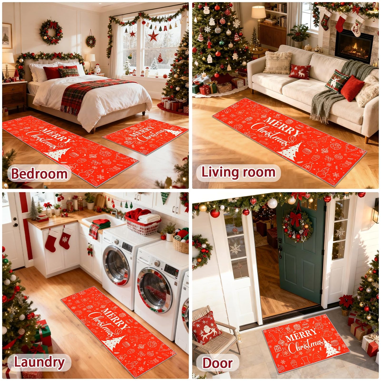 2 Pieces Red Merry Christmas Kitchen Rugs Set, Non Slip Kitchen Floor Mat with Xmas Tree Snowflake Decor Christmas Kitchen Mats Home Low-profile Washable Rugs for Kitchen Bathroom Sink Laundry