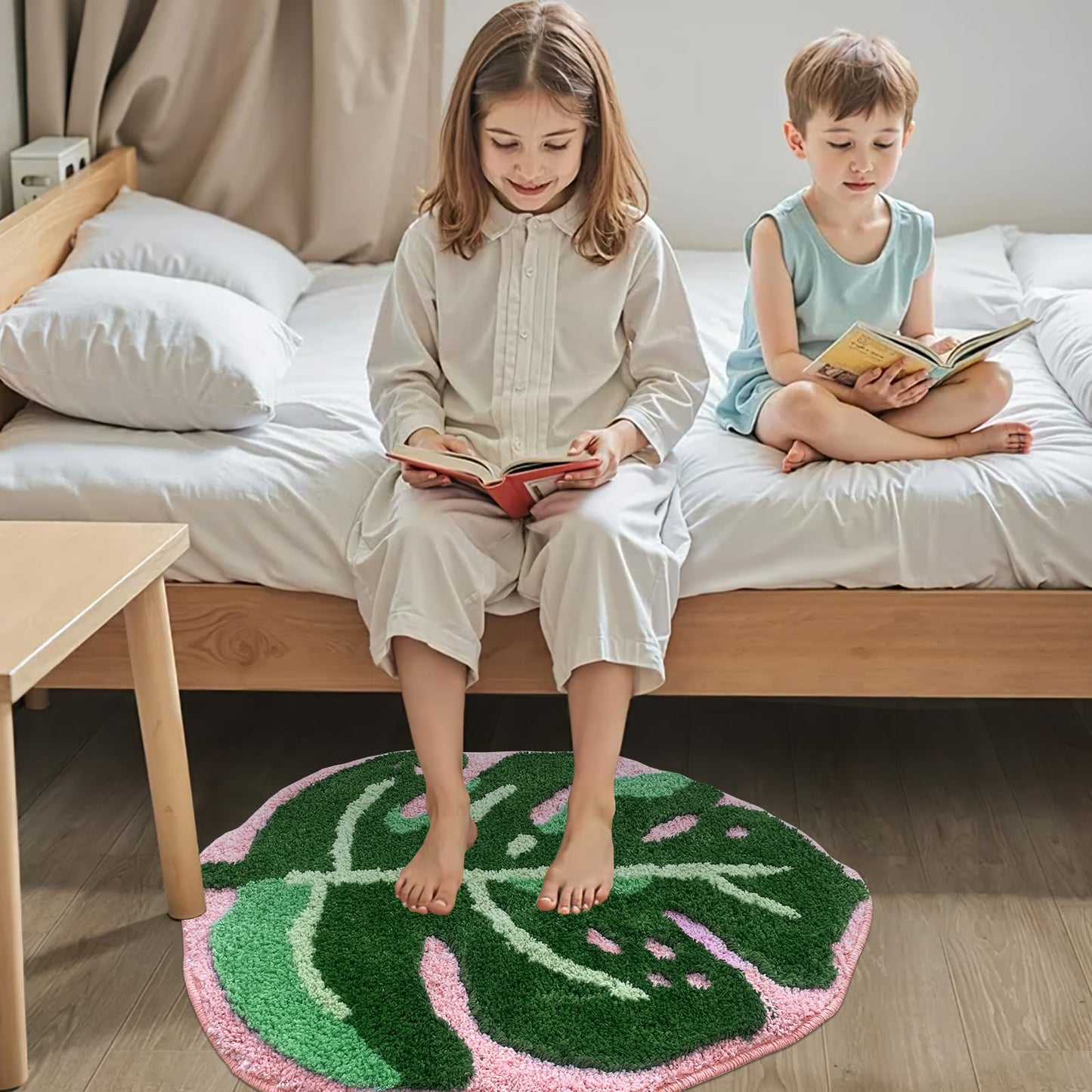Sisher Leaf Rug,Monstera Bath Mat Cute Bathroom Mat Non Slip Palm Shaped Plush Fun Area Rug Bathtub Rugs Machine Washable Green and Pink Leaf Mat(21"X26")