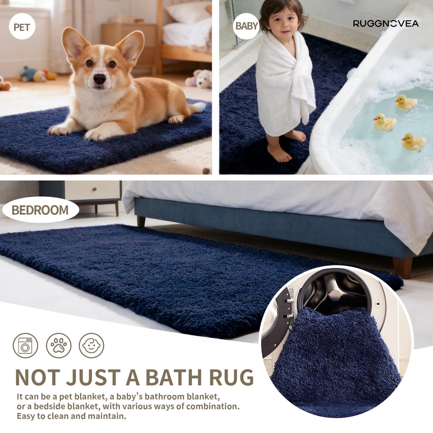 Ruggnovea Bathroom Rugs Non Slip Washable, Ultra Thick Soft Microfiber Absorbent Bath Mats, High Density Foam Latex Non Slip Backing Bath Rugs, Fluffy Floor Carpet for Tub&Shower 24x17, Navy