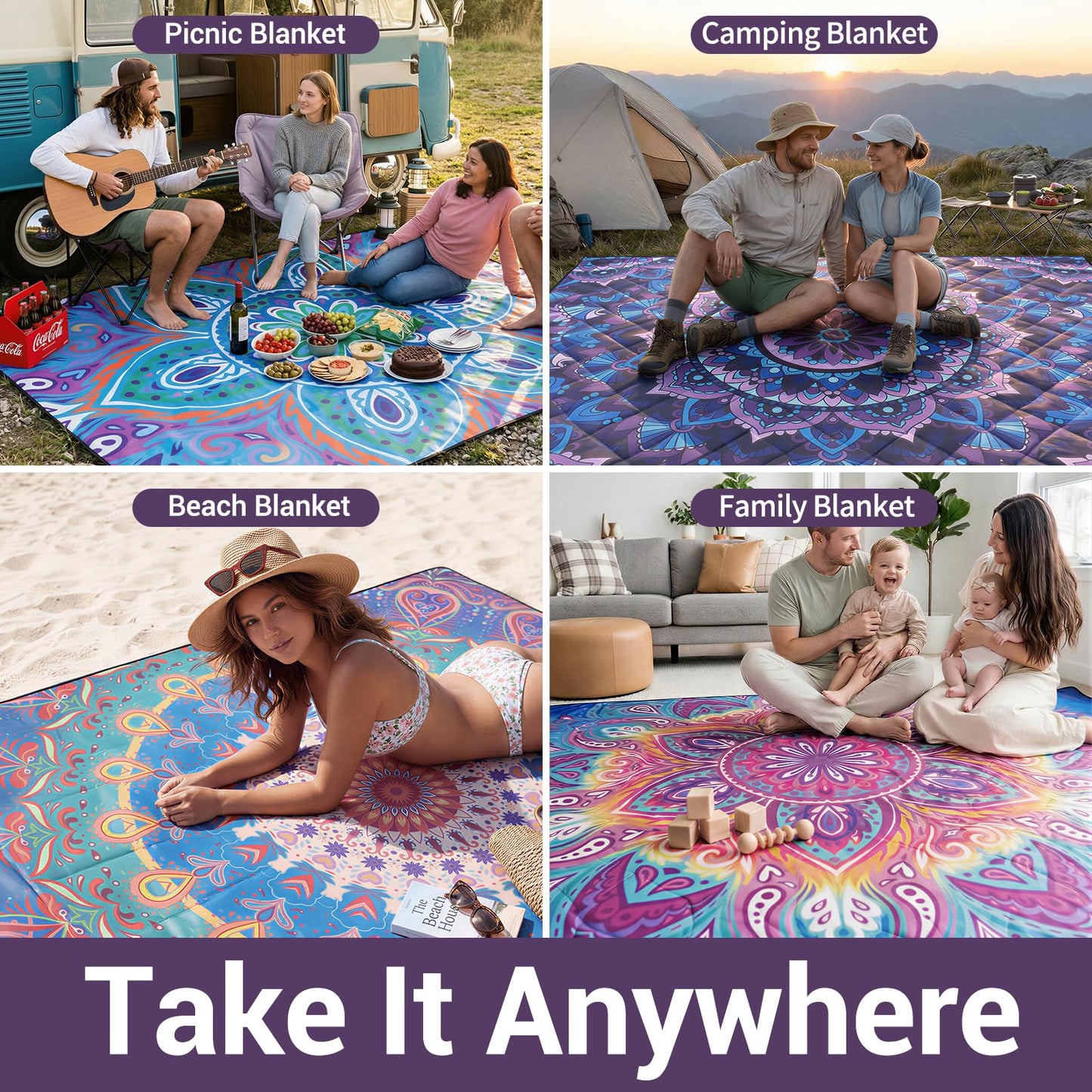 memKiya 60x80" Extra Large Picnic Blankets Waterproof Sandproof Couple Outdoor Beach Blanket Foldable Grass Park Lawn Concert Mat Summer Camping Essentials Rv Travel Vacation Accessories Festival Gift