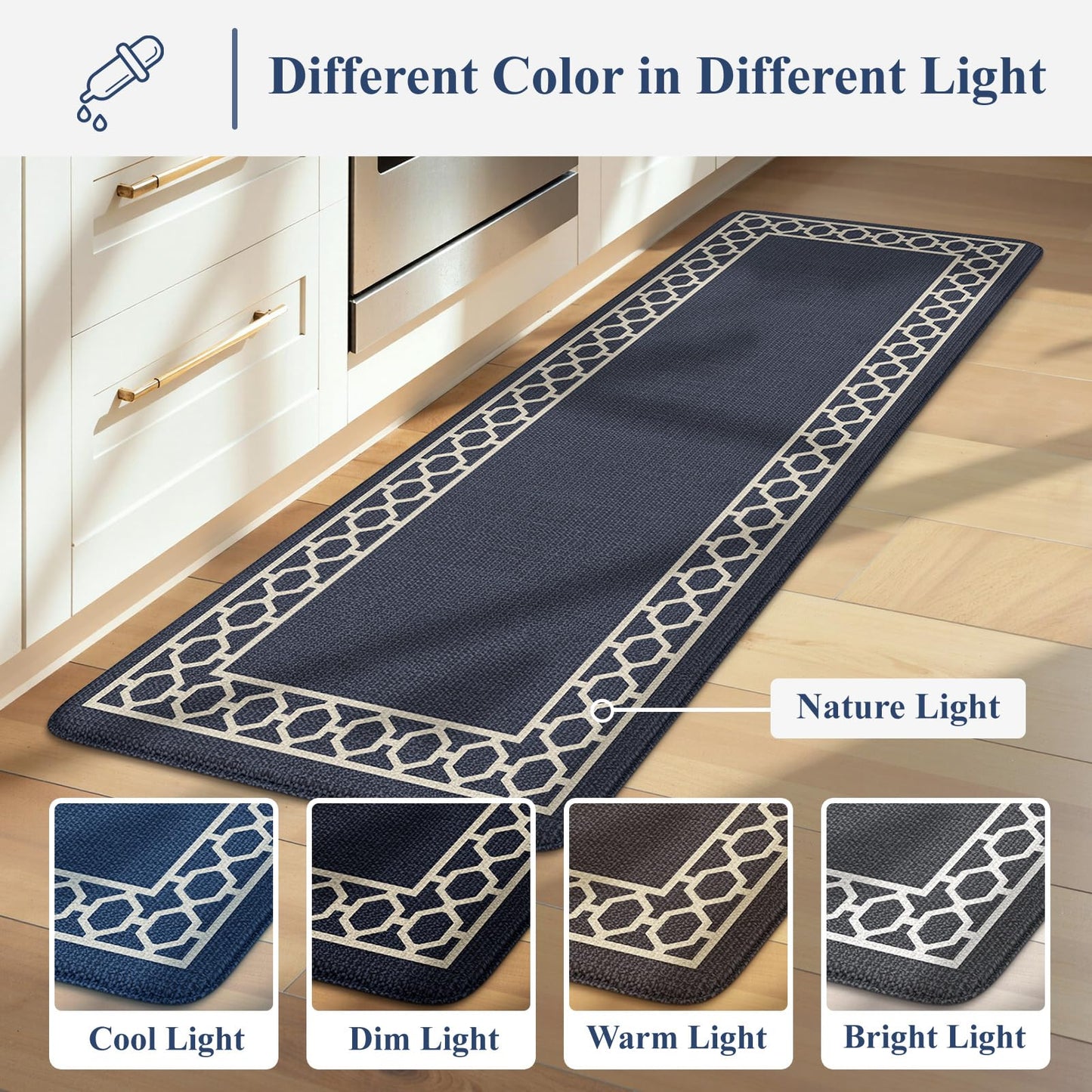 LEEVAN Kitchen Mats for Floor Set of 2,Anti Fatigue Mats for Kitchen Floor,Navy Blue Cushioned Non Slip Boho Standing Mat,Waterproof Memory Foam Comfort Kitchen Floor Mat for Sink(17"x29"+17"x47")