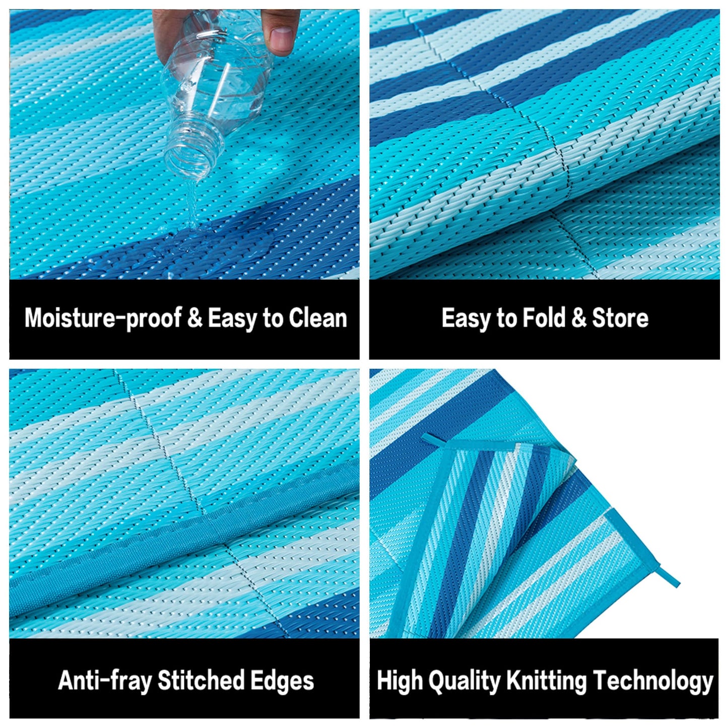 WondRg Outdoor Plastic Straw Rug Waterproof Patio 5x8 Blue Teal Stripe Mat for Porch Camping RV Balcony Deck Courtyard Reversible Lightweight Durable Portable Carpet
