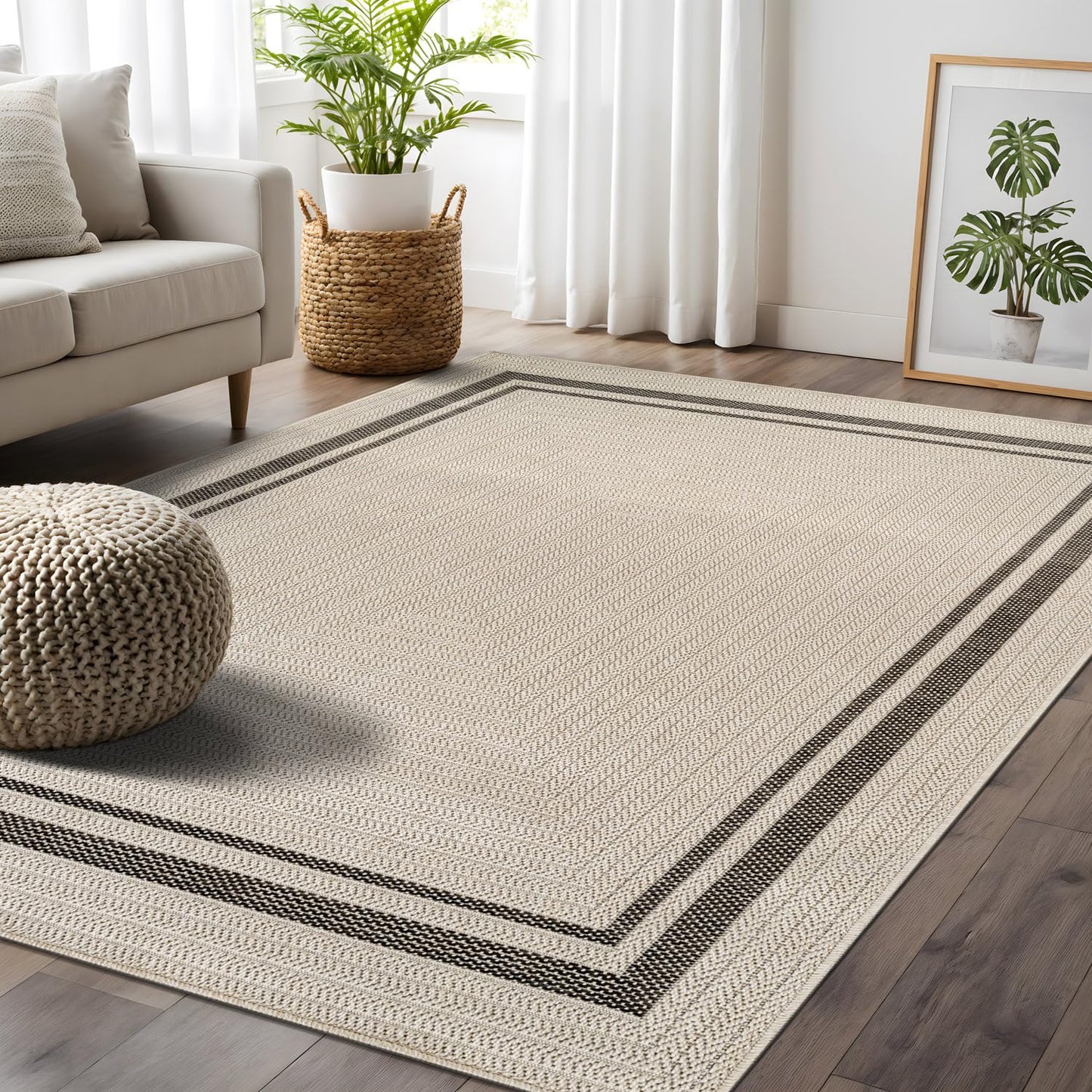 Beverly Rug Easy Jute Bordered Rug 5x7 Washable Durable Indoor Outdoor Area Rugs for Living Dining Room Patio Office Stain Resistant Non Shedding Casual Indoor Outside Carpet 5 x 7 Off-White