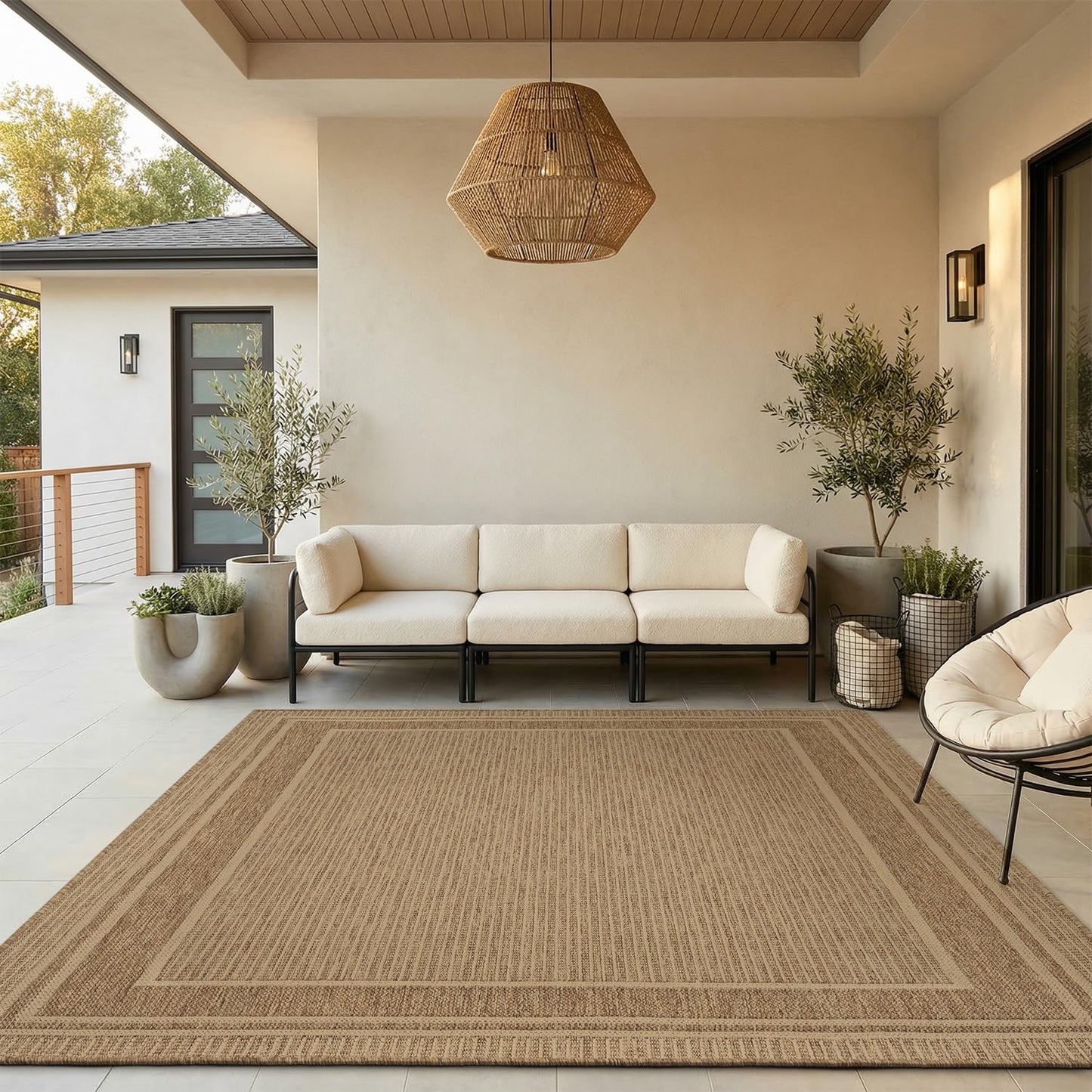 MontVoo-Outdoor Rug-Patio Rug 5x7 ft Polypropylene Indoor Outdoor Rugs Outdoor Carpet for Patio Deck Balcony Porch, Textured Weave, Durable for High Traffic, Fade-Resistant, Modern Neutral Brown