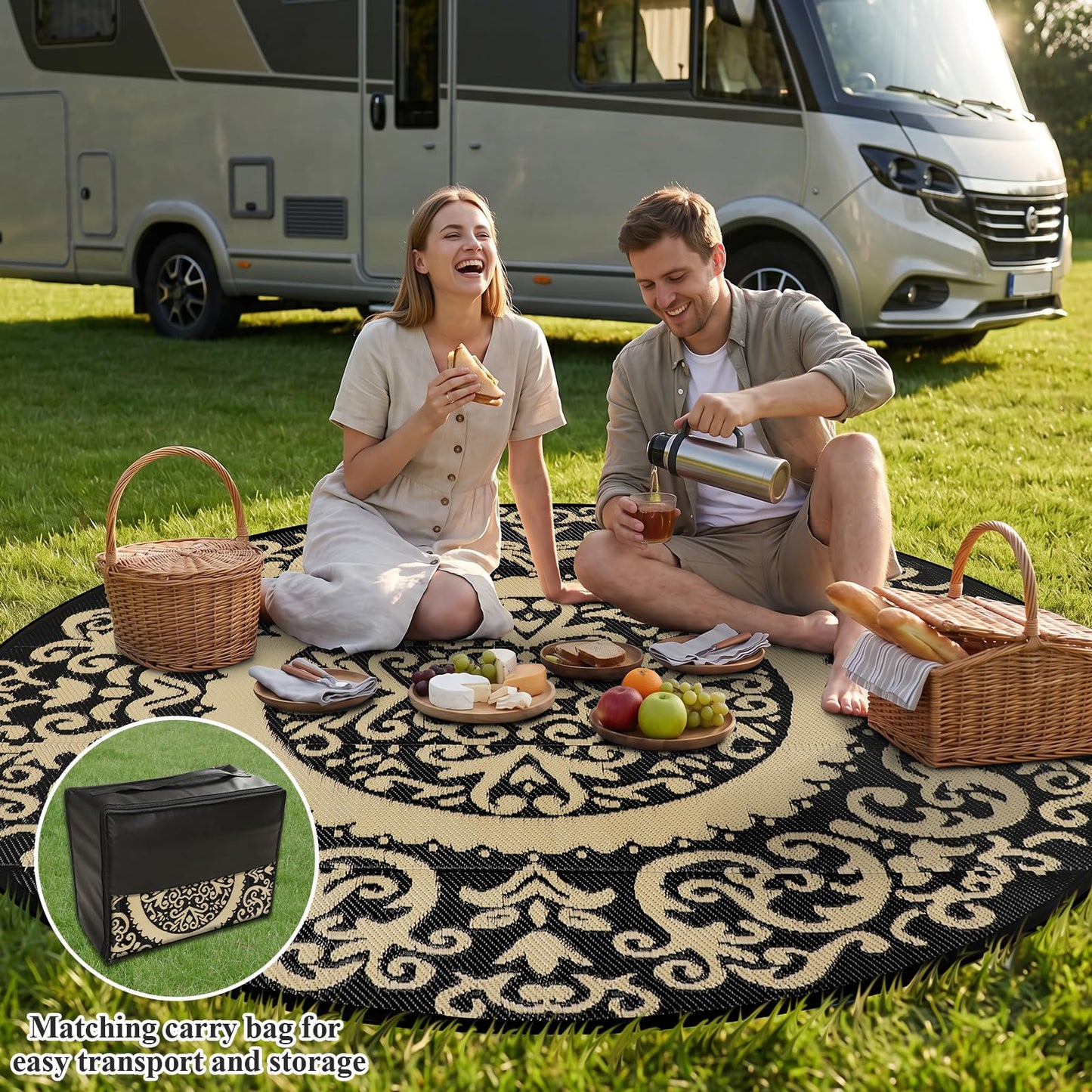 Homcomoda Round Outdoor Rugs for Patio 6ft Waterproof Clearance Reversible Patio Rugs Lightweight Outdoor Rugs Plastic Straw Rugs Portable RV Camping Rug Mat for Outdoor Porch Beach BBQ Beach Backyard