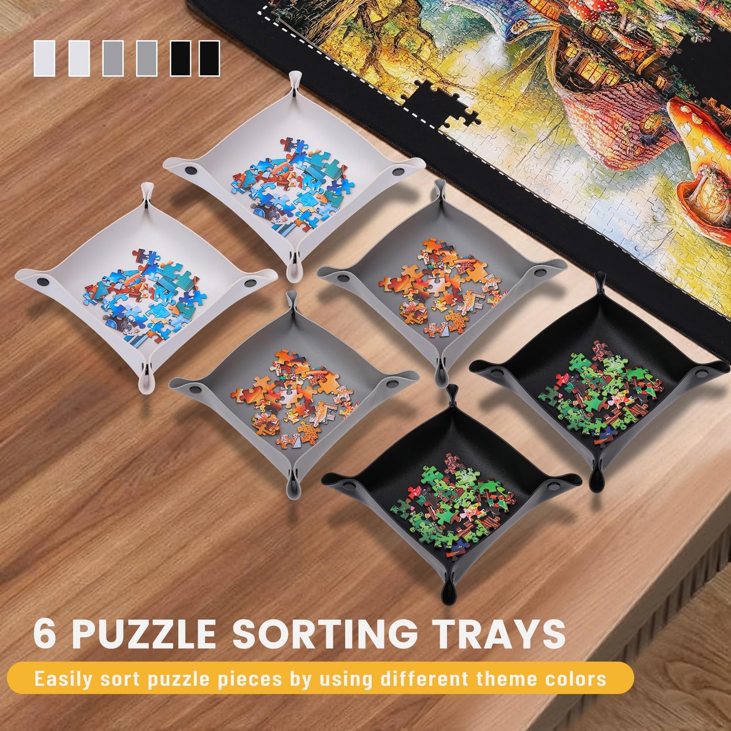 Lwoeo Jigsaw Puzzle Mat Roll Up 1000 Pieces, Smooth Top Saver Pad 34.6" x 22.8" with 6 Sorting Trays & Travel Storage Bag for Sorting Table, Board, Portable Puzzles Matt Rollup Non-Slip Rubber Bottom