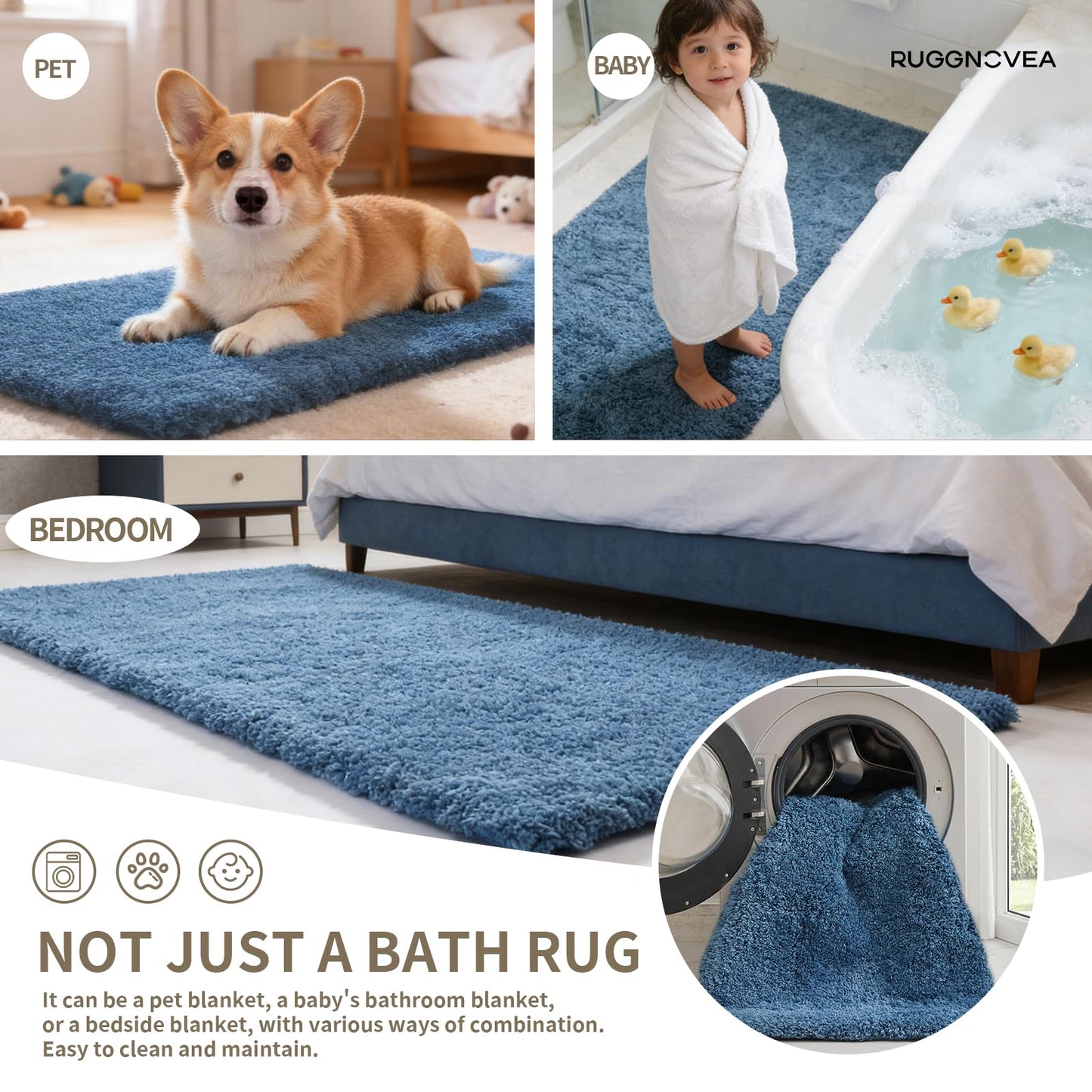 Ruggnovea Toilet Rugs U Shaped Washable, 24x22 Contour Bath Rugs for Toilet, Luxury Ultra Soft Microfiber U-Shaped Toilet Rug, Non Slip Absorbent Machine Washable Bathroom Mat for Toilet, Blue