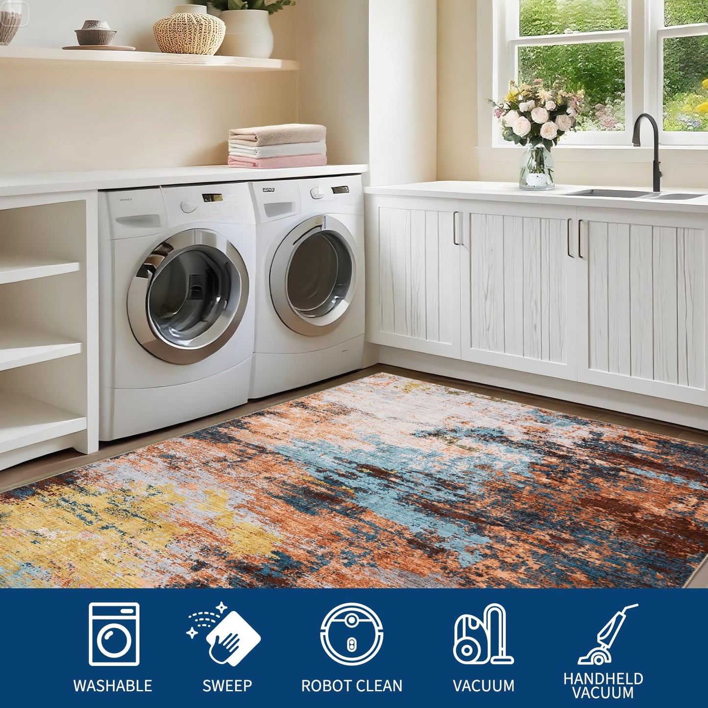 GarveeHome Washable Modern Area Rugs 5x7 Non-Shedding Contemporary Floor Mat, Abstract Low Pile Accent Carpet with Non-Slip Backing, Colorful Throw Rug for Bedroom, Living Room, Yellow