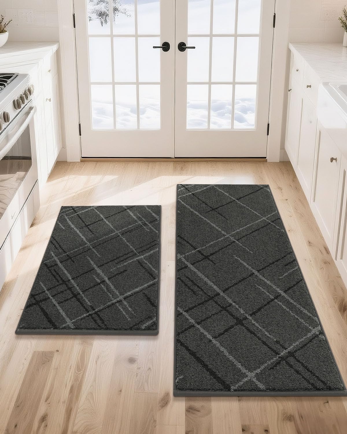 COSY HOMEER Kitchen Mats, 2 PCS Kitchen Rug Non Slip Washable, Absorbent Runner Rugs for Kitchen Floor, Polyester Kitchen Sink Rug 20"x32" + 20"x48"(Grey)