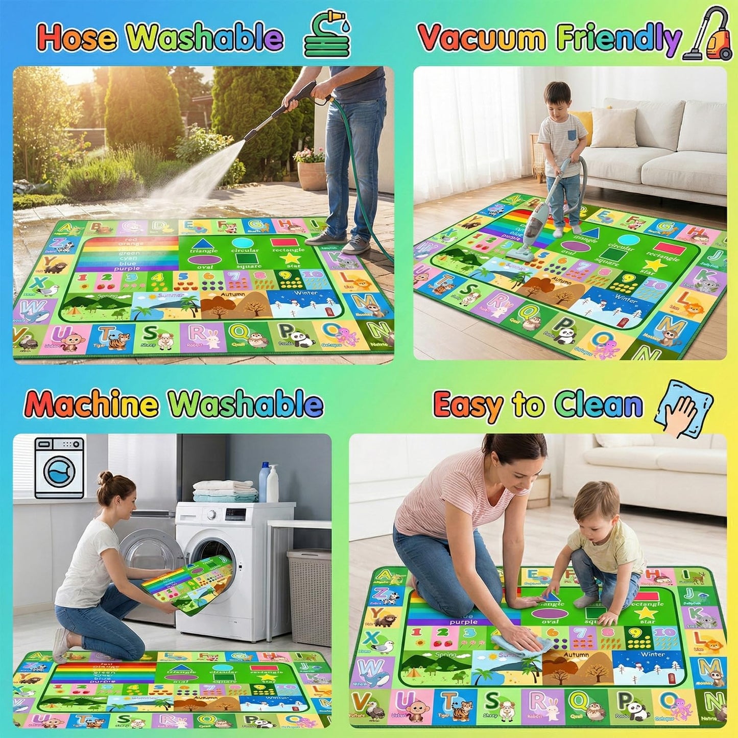 OGPJKEQR Kids Rug for Playroom Bedroom, 2.5x4 Feet Educational ABC Area Rug for Classroom Nursery, Non-Slip Alphabet Learning Carpet with Numbers Animals Seasons Fruits, Green Toddler Floor Mat