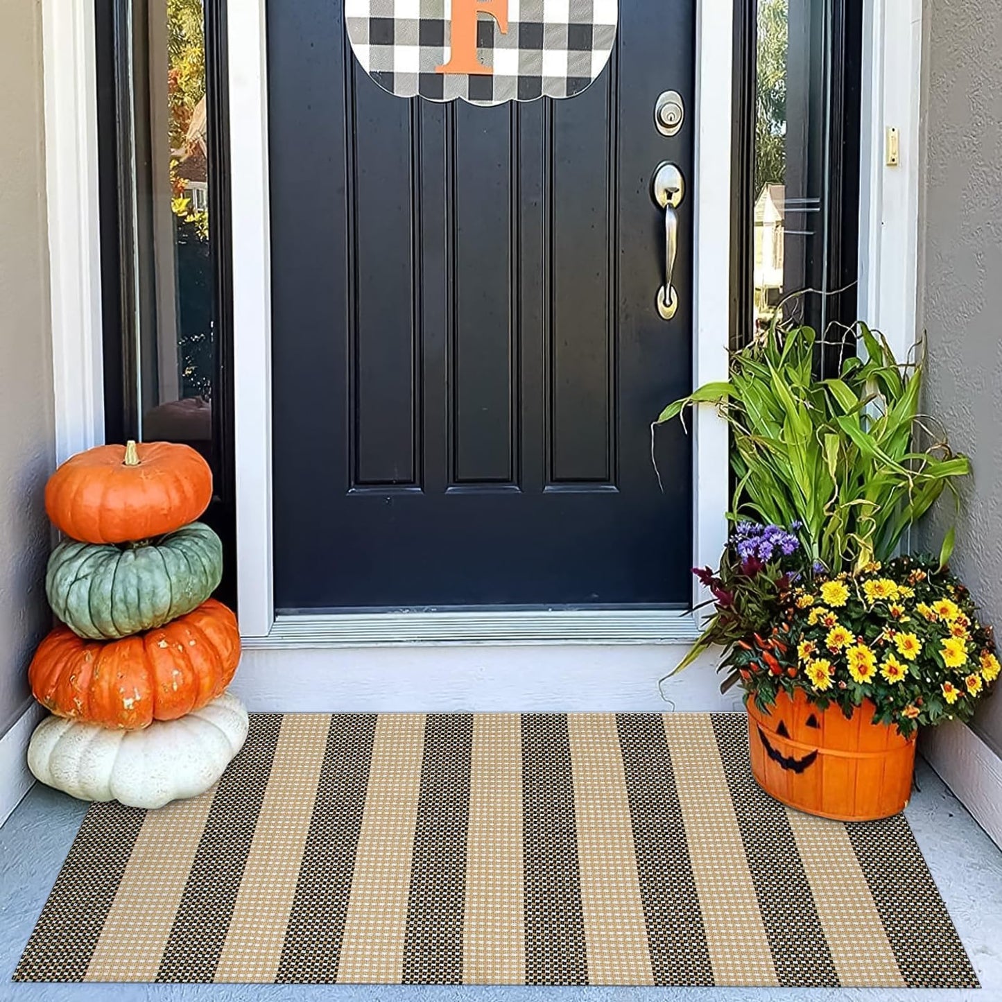 OJIA Front Door Rug 24"x51" Outdoor Doormat Washable Front Door Mat Indoor Entrance Tan Washable Porch Rug Woven Striped Outdoor Mat Entryway Rugs Small Area Rug for Kitchen Entry Bathroom